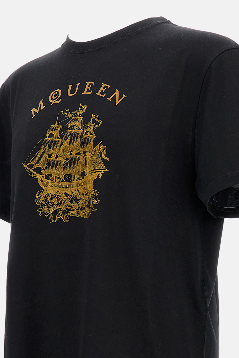 Alexander Mcqueen Crewneck T-shirt With Gold Ship Graphic In Black