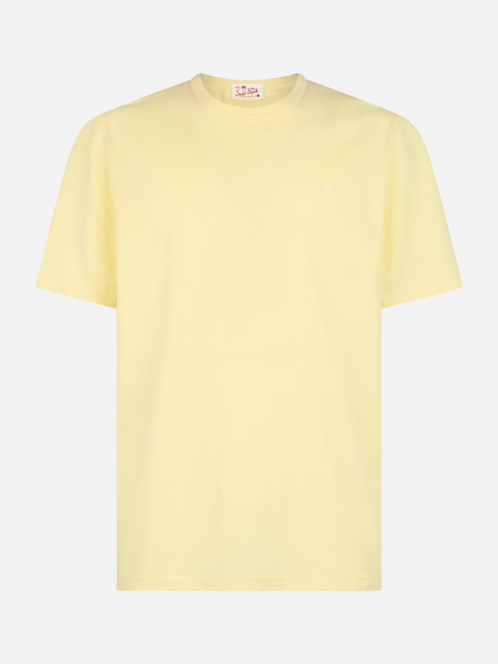 Mc2 Saint Barth Man Pale Yellow Cotton Jersey T-shirt Dover With St. Barth Embroidery In Yellow