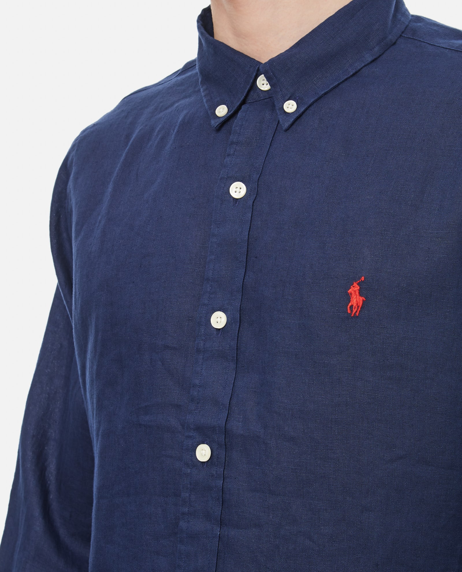 Shop Ralph Lauren Logo Embroidered Round Hem Plain Shirt In Newport Navy