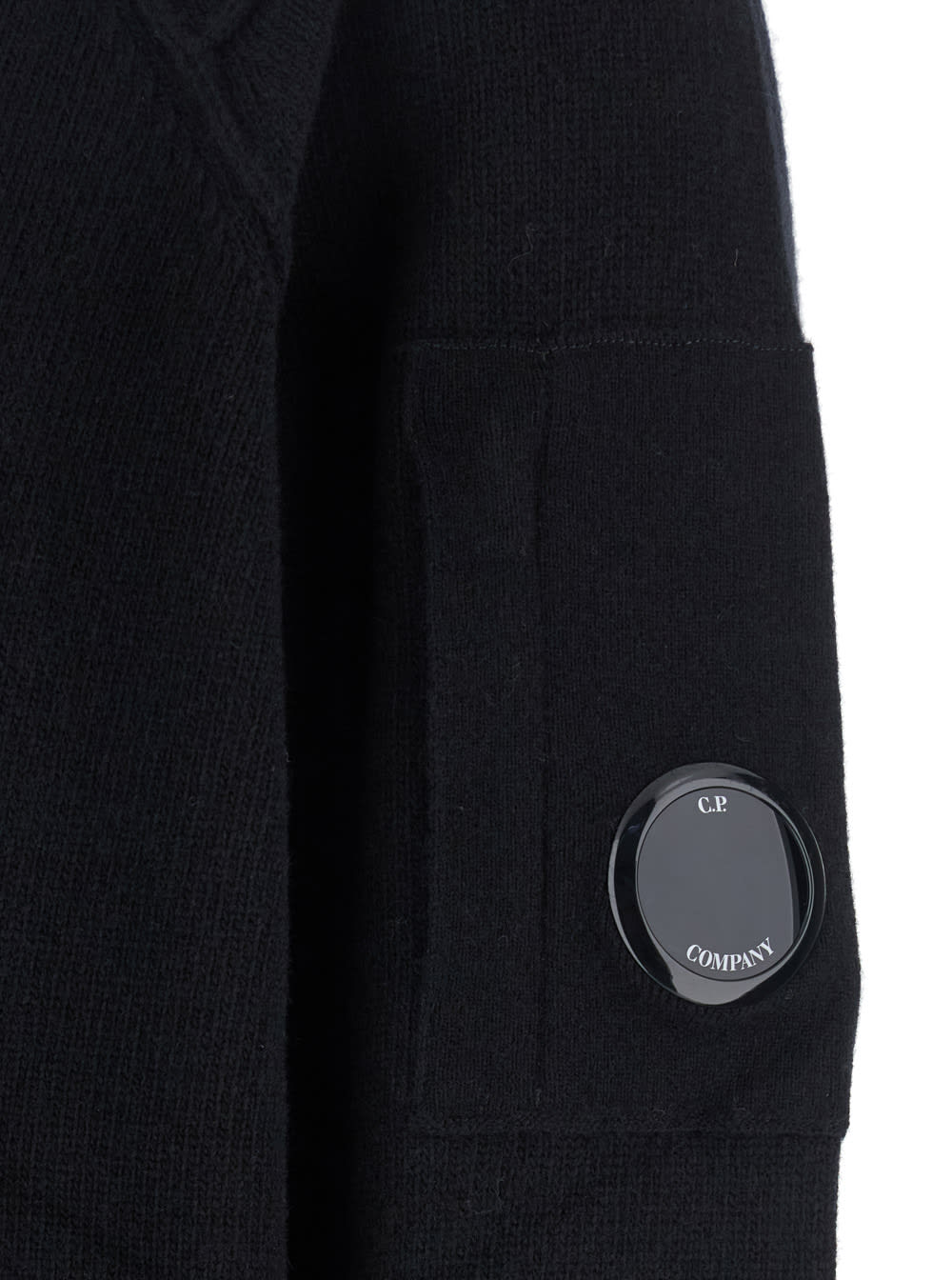 C.p. Company Black Jacket With High Neck And Logo Plaque On The Sleeve In Wool Blend Man In Black