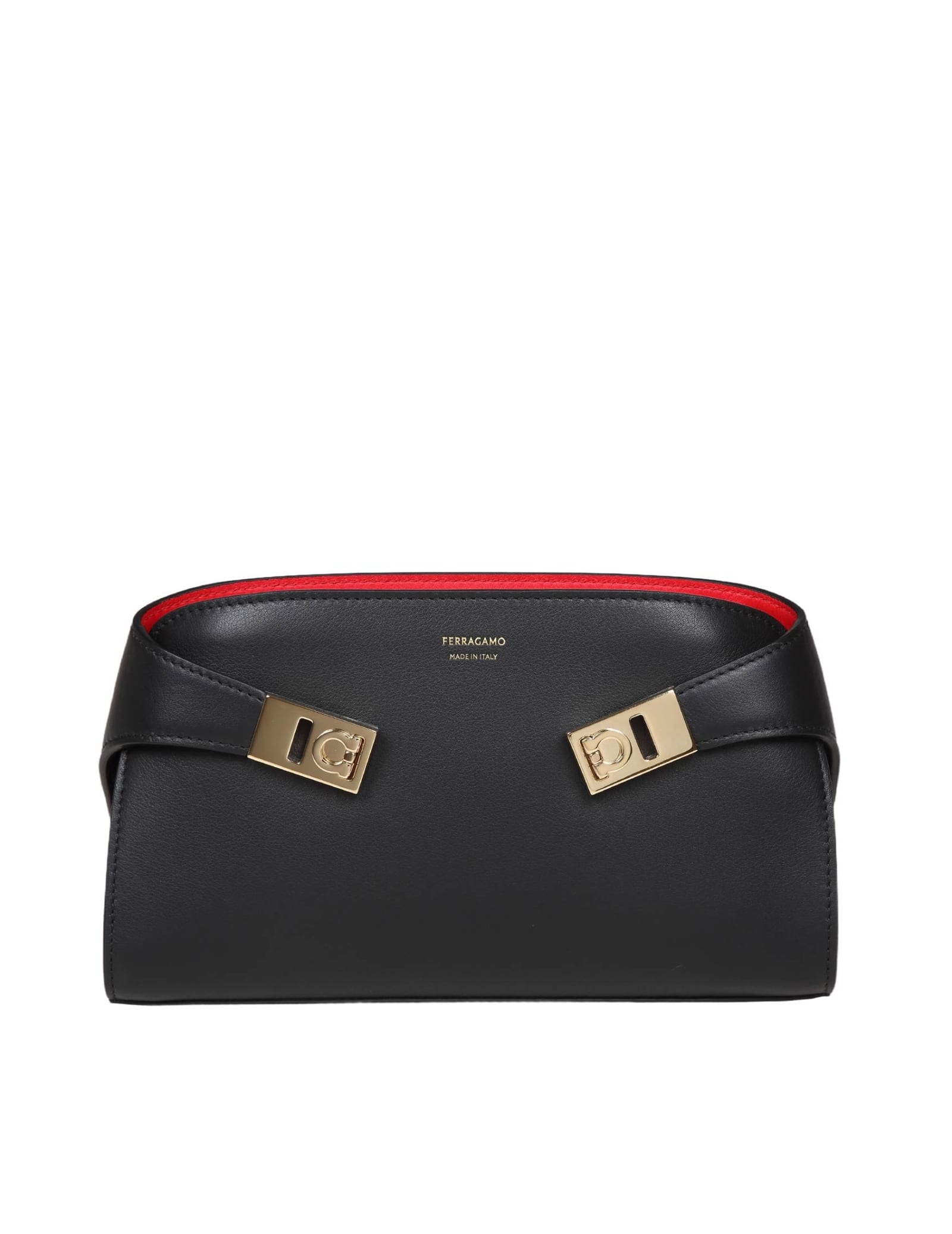 Shop Ferragamo Hug Clutch In Black Leather In Black/red