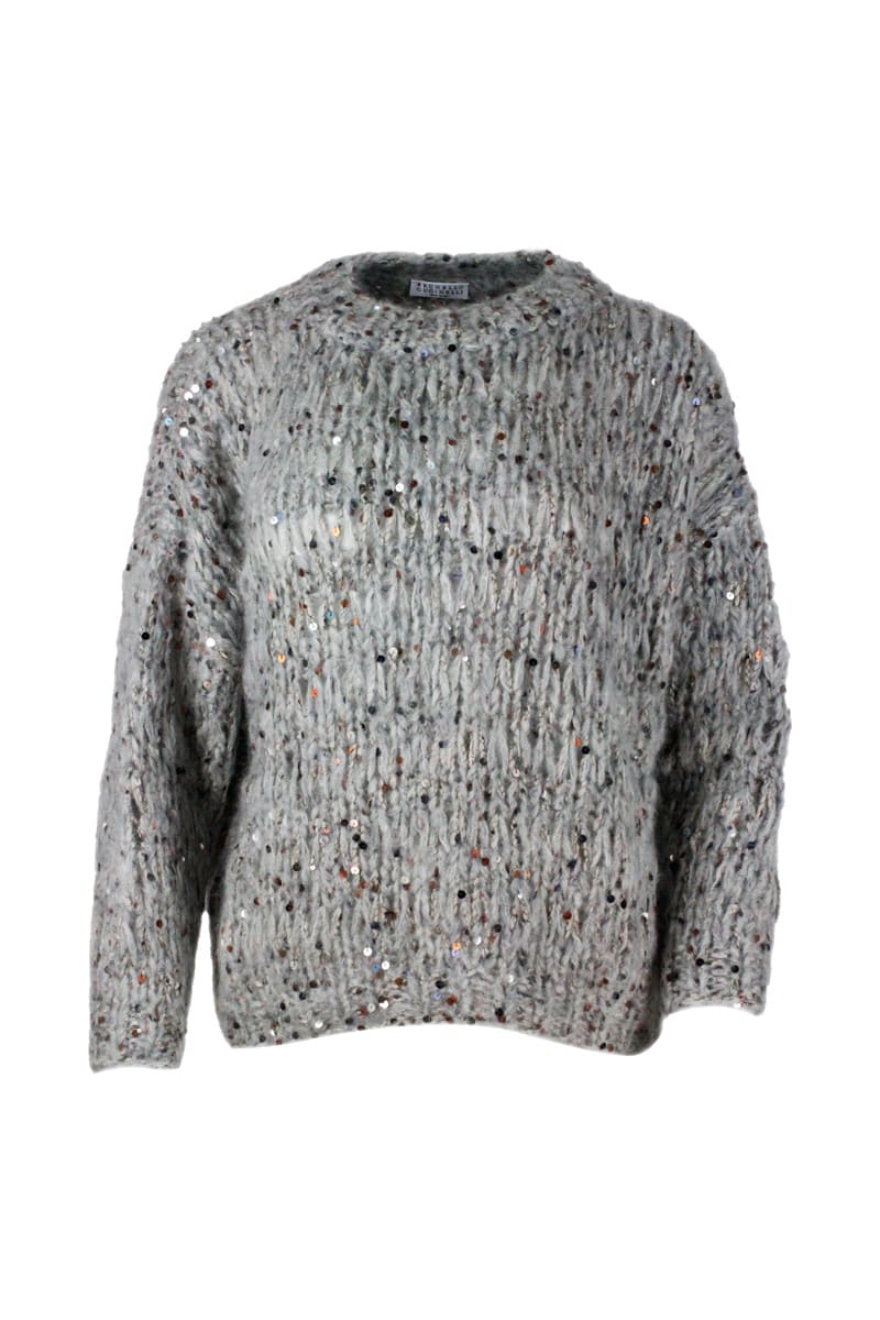 Brunello Cucinelli Crew Neck Sweater In Mohair, Cotton And Wool With Three-dimensional Processing Embellished With Multicolor Applied Sequins