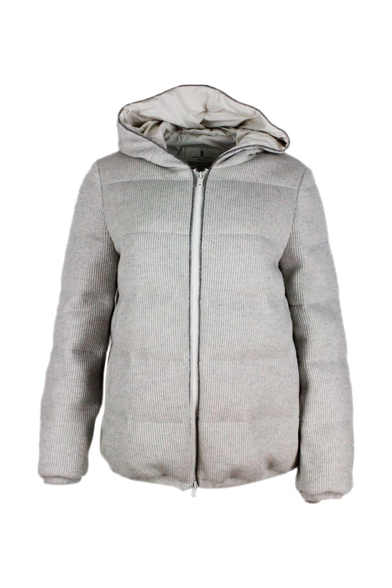 Brunello Cucinelli Short Ribbed Down Jacket In Cashmere And Lurex With Hood And Monili Along The Zip Closure And Hood