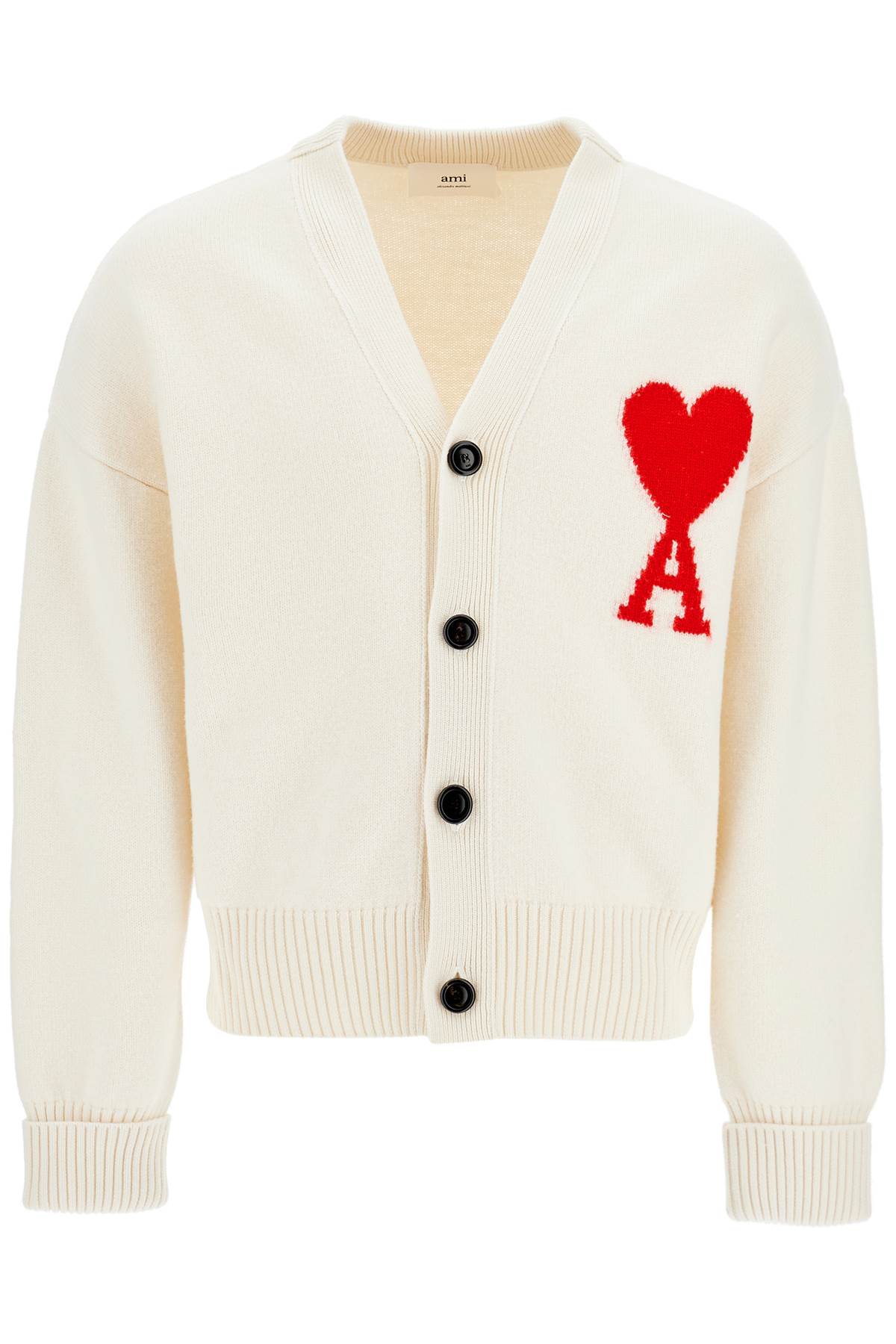 Shop Ami Alexandre Mattiussi Pure Virgin Wool Cardigan With Jacquard Logo In Ecru/rouge (white)