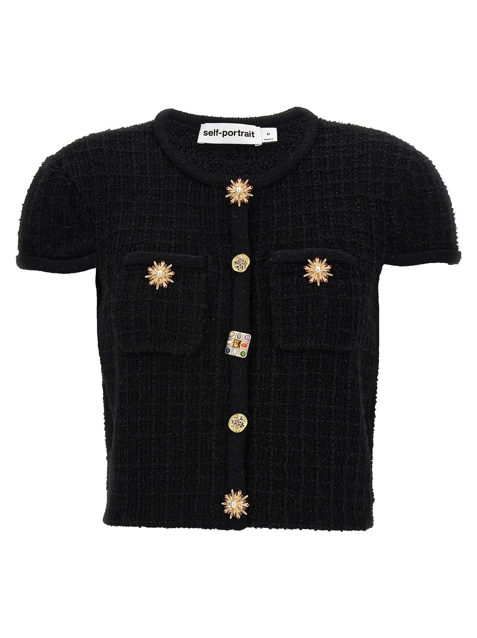 Shop Self-portrait Pink Jewel Button Knit Top In Black