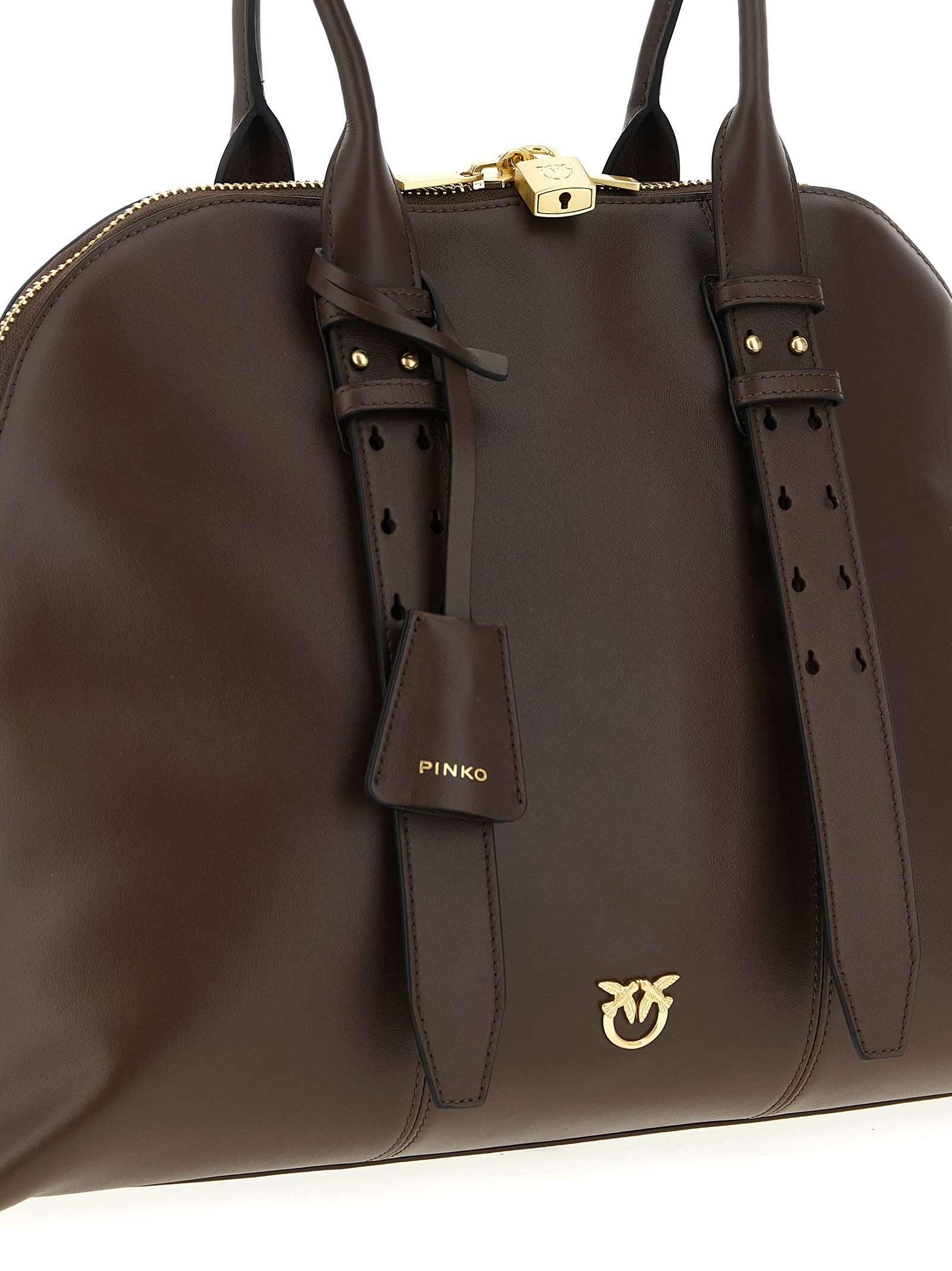Pinko Escape Love Birds Logo Leather Bowling Maxi Tote Bag In Brown