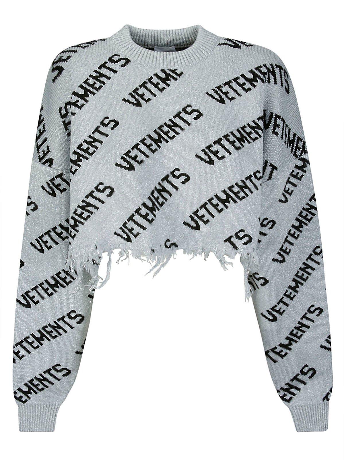 Shop Vetements All-over Logo Printed Cropped Sweater In Silver Black