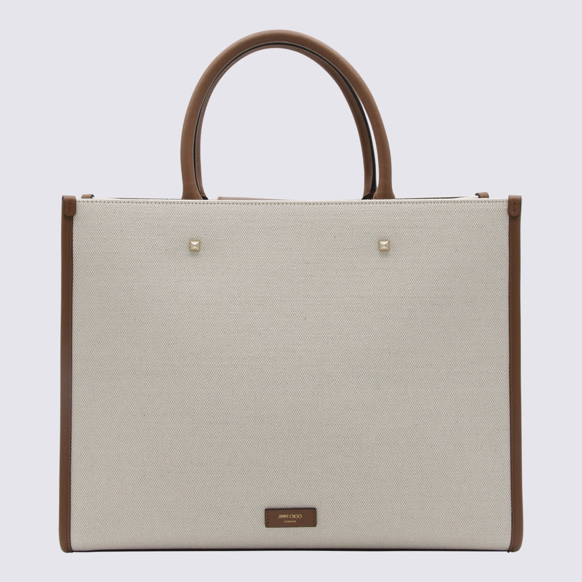 Shop Jimmy Choo Natural And Taupe Canvas Avenue Medium Tote Bag In Natural/taupe/dt/l