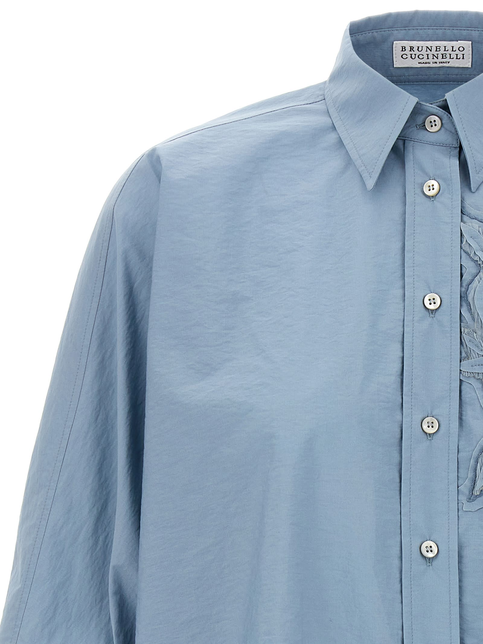 Brunello Cucinelli Intarsia Shirt With Embroidered Inlaid Detail In Light Blue