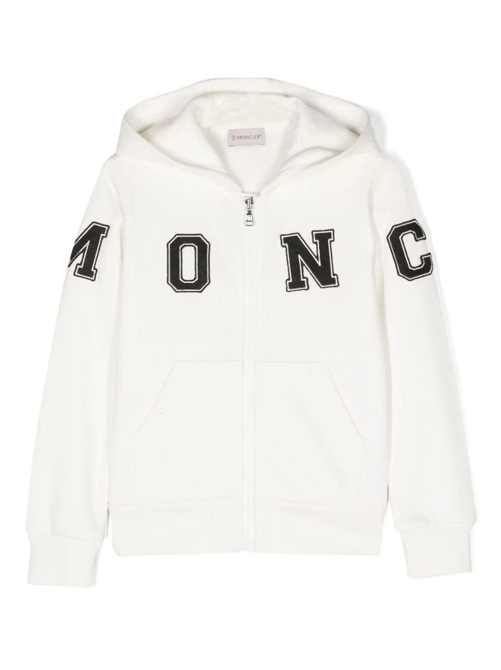 MONCLER WHITE ZIP-UP HOODIE WITH EMBROIDERED LOGO