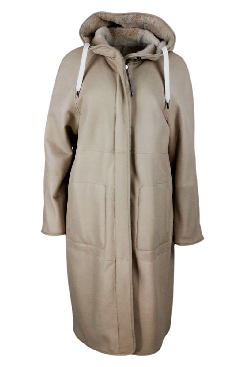 Brunello Cucinelli Reversible Coat In Soft Shearling With Hood In Beige
