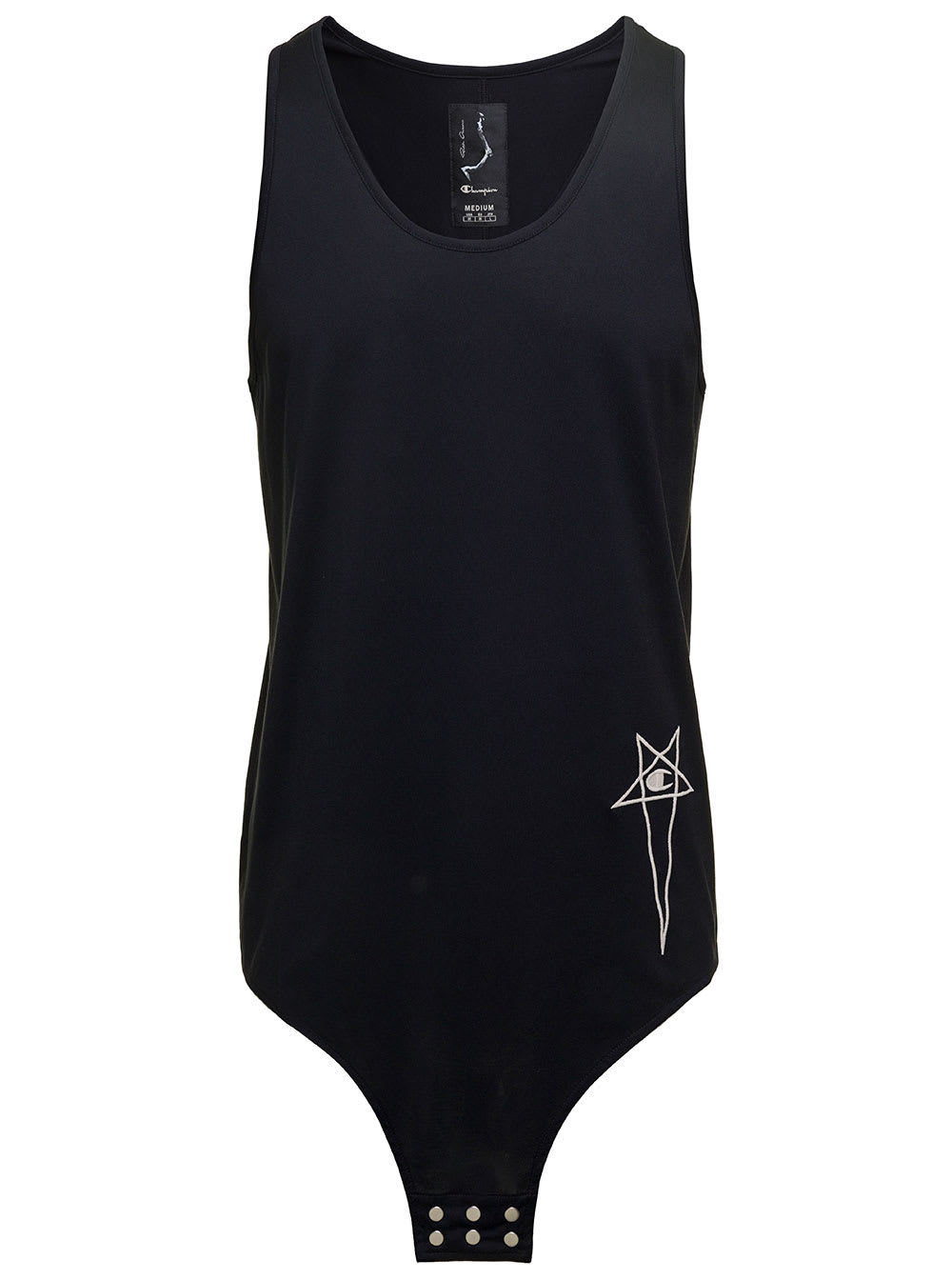 RICK OWENS BASKETBALL TANK LONG BLACK TANK TOP WITH PENTAGRAM EMBROIDERY AND A SIX SNAP CLOSURE HANGING IN COTT