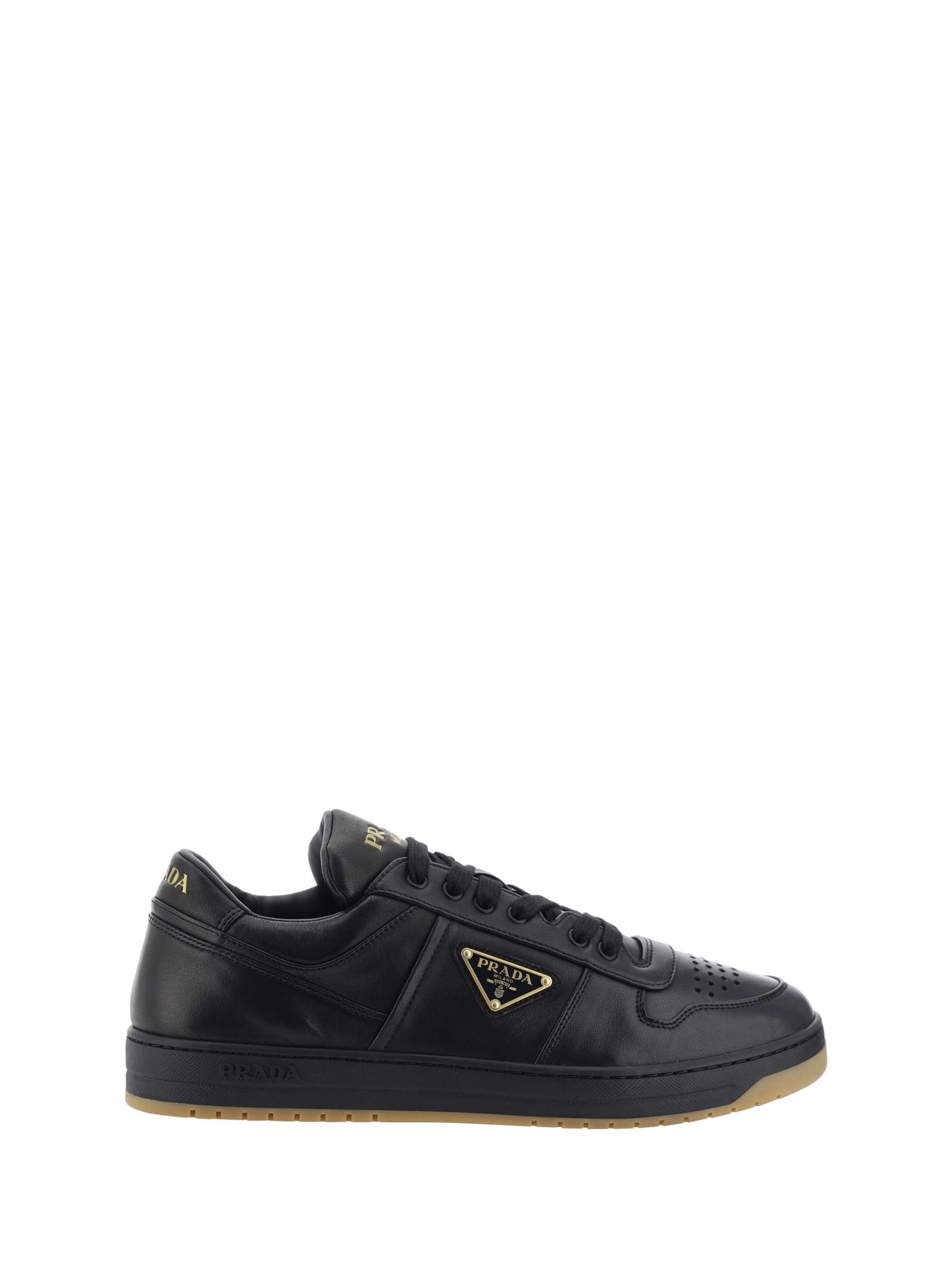 Prada Enamel-triangle Leather Sneakers In Black