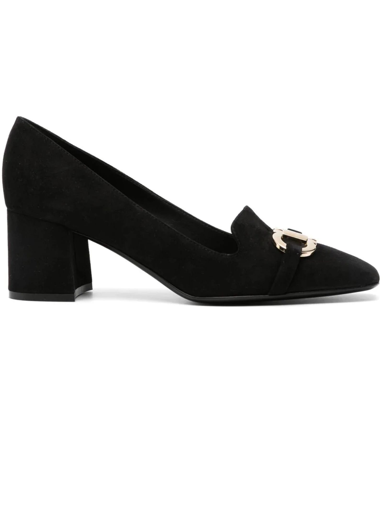 Shop Ferragamo Black Suede Gancini Pumps