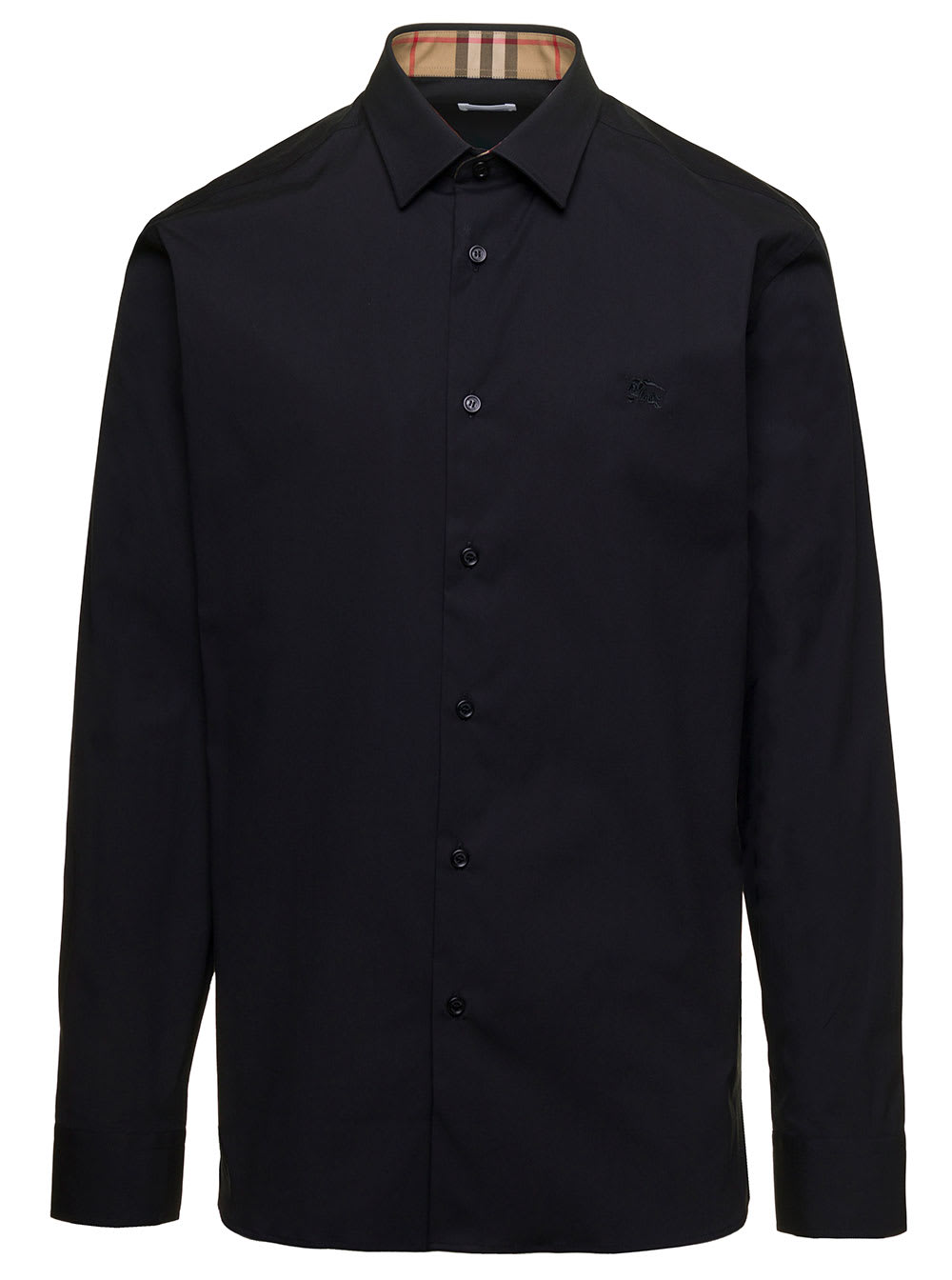Black Long Sleeve Shirt With Tonal Logo Embroidery In Stretch Cotton Man