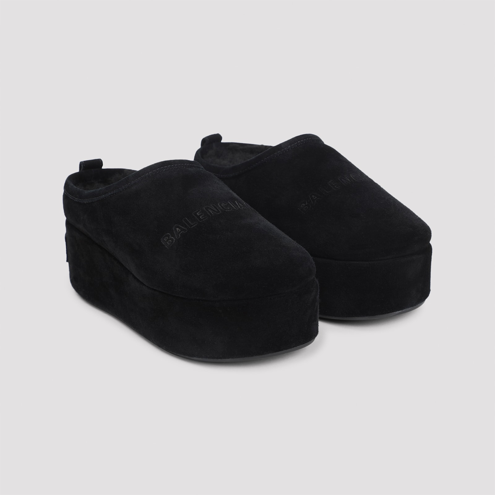 Balenciaga Suede Mules With Rounded Toe And Elevated Platform Sole In Black
