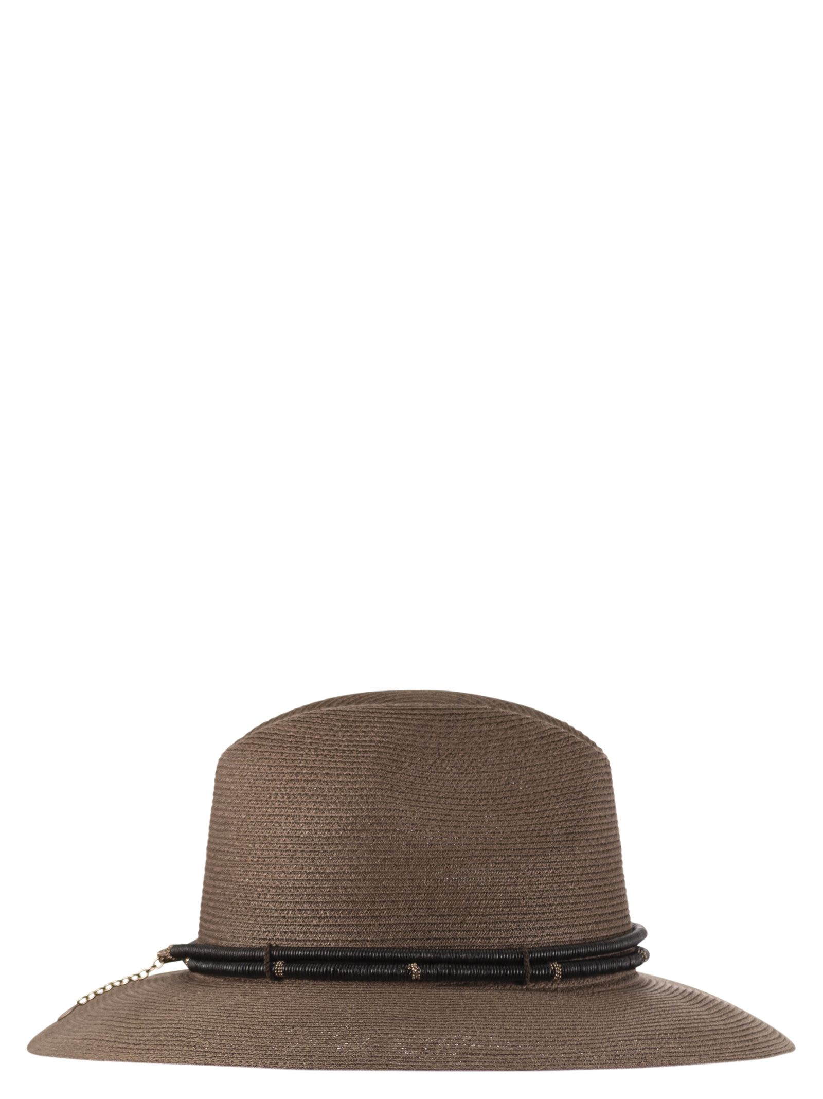 Brunello Cucinelli Women Fedora Made Of Hemp And Techno Cotton With Leather Band And Necklace