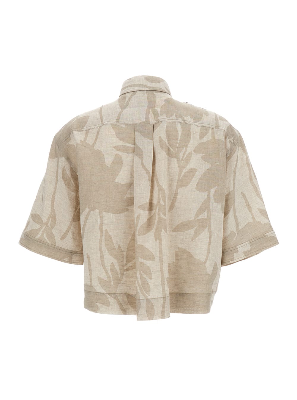 Shop Brunello Cucinelli Beige Leaf Print Shirt In Linen Woman In Natural