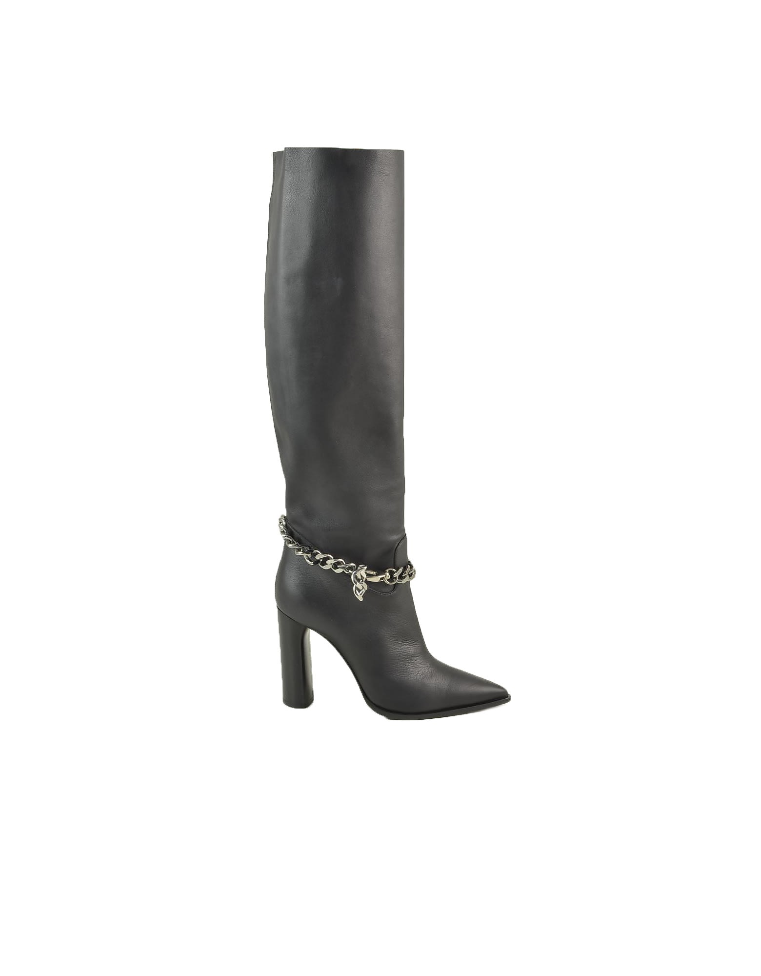 Casadei Black Leather Chain To-the-knee Boots