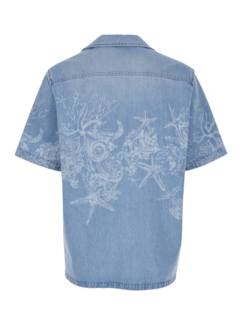 Shop Versace Light Blue Barocco Shirt With Barocco Sea Print In Cotton Denim Man