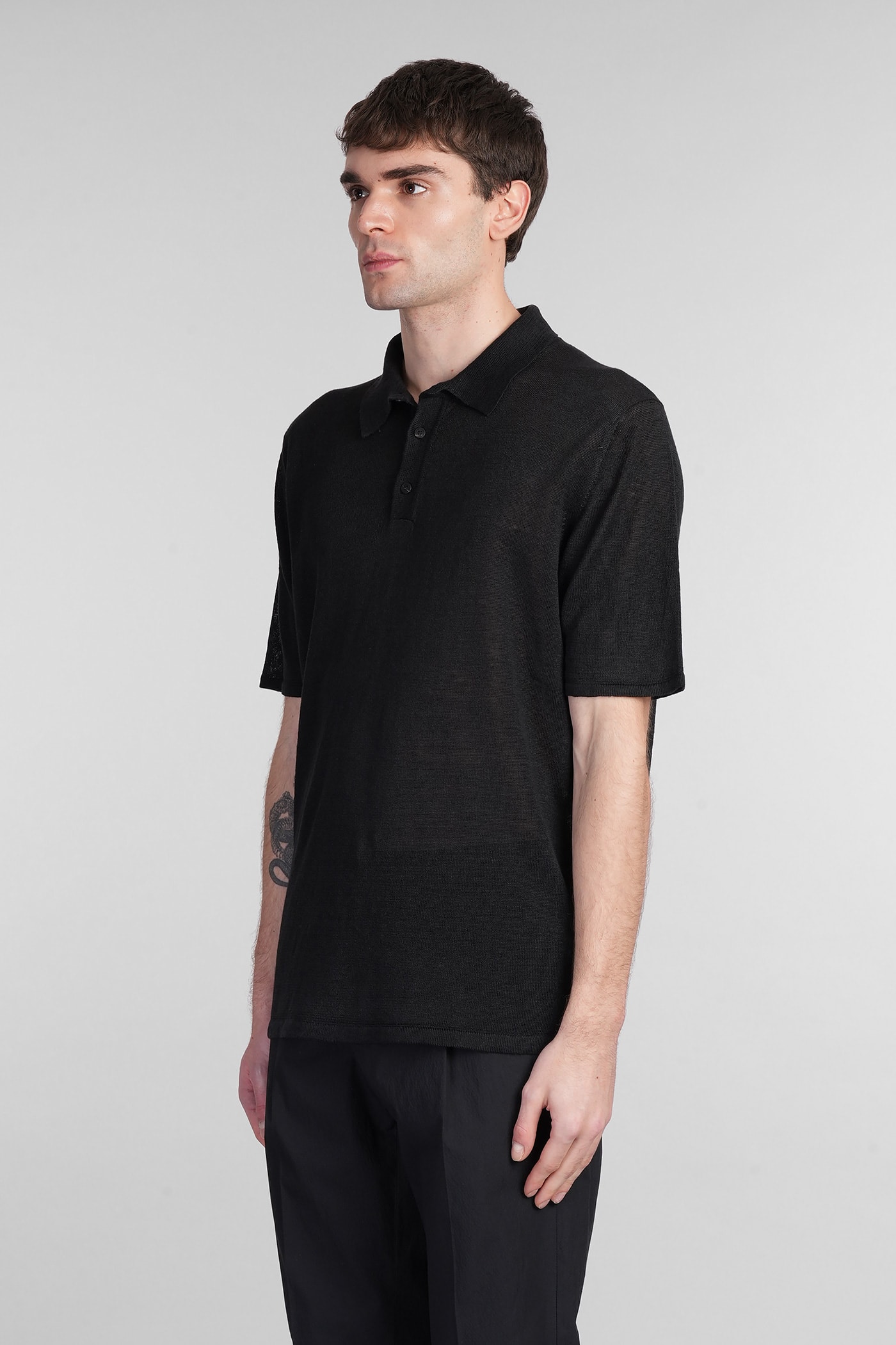 Roberto Collina Polo In Black Linen In Black