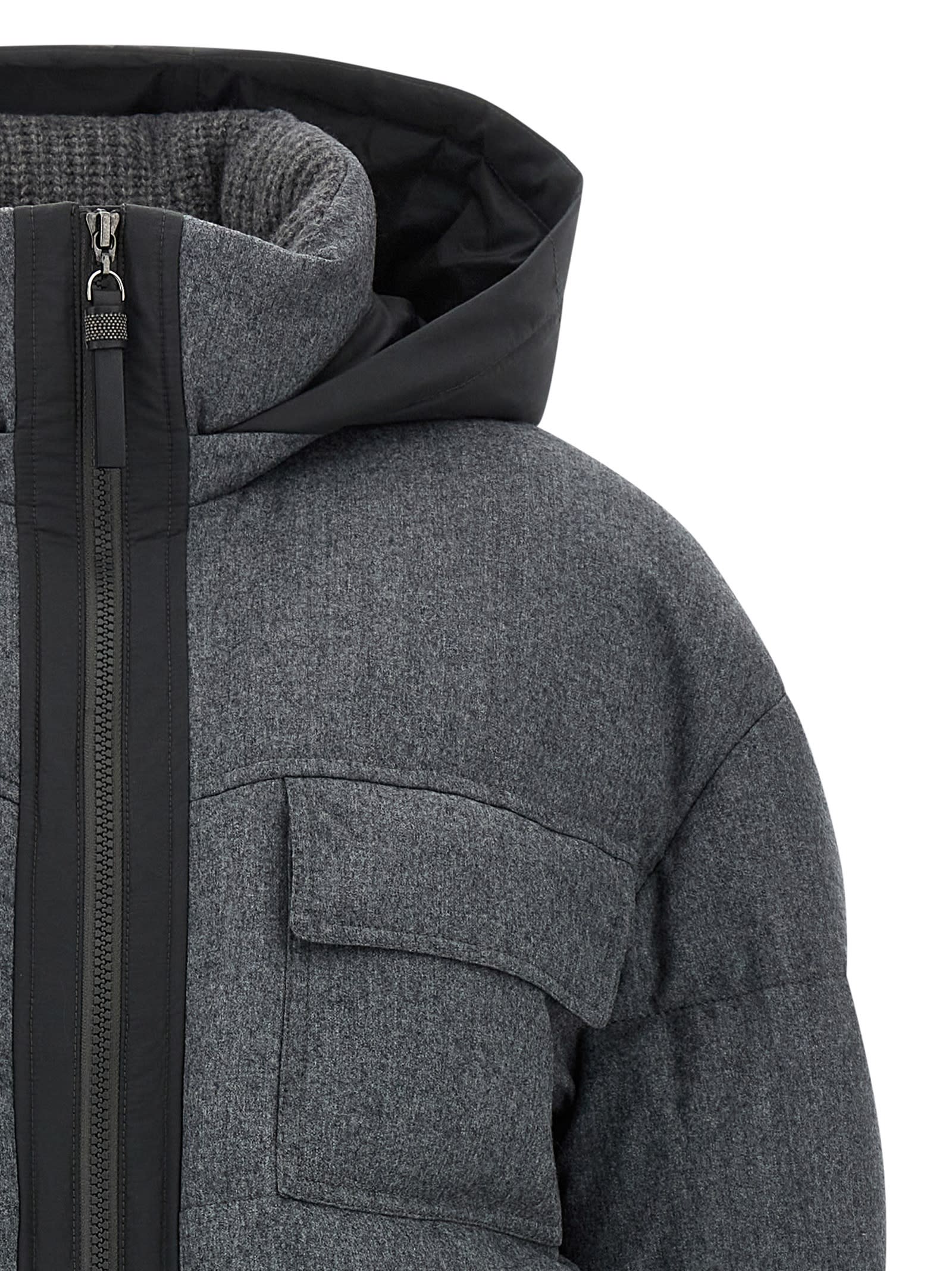 Brunello Cucinelli Shiny Zipper Pull Long Down Jacket In Gray