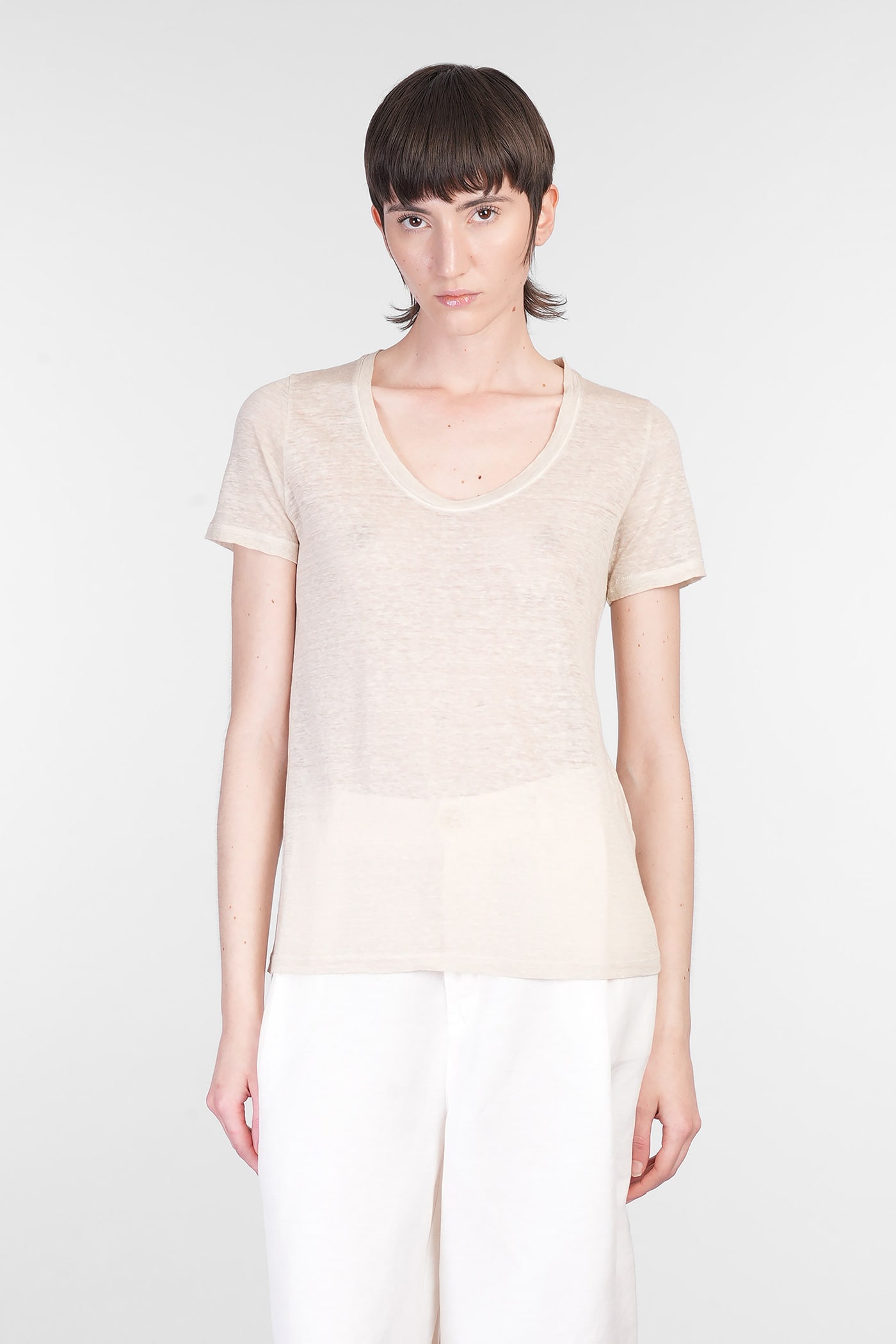 120% Lino Relaxed White Linen T-shirt With Scoop Neckline