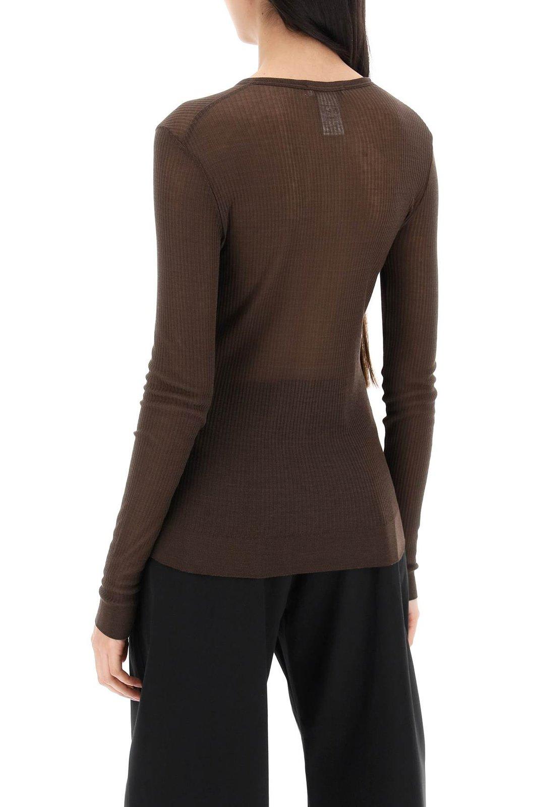 Shop Lemaire Long Sleeved Semi-sheer Ribbed Top In Brown
