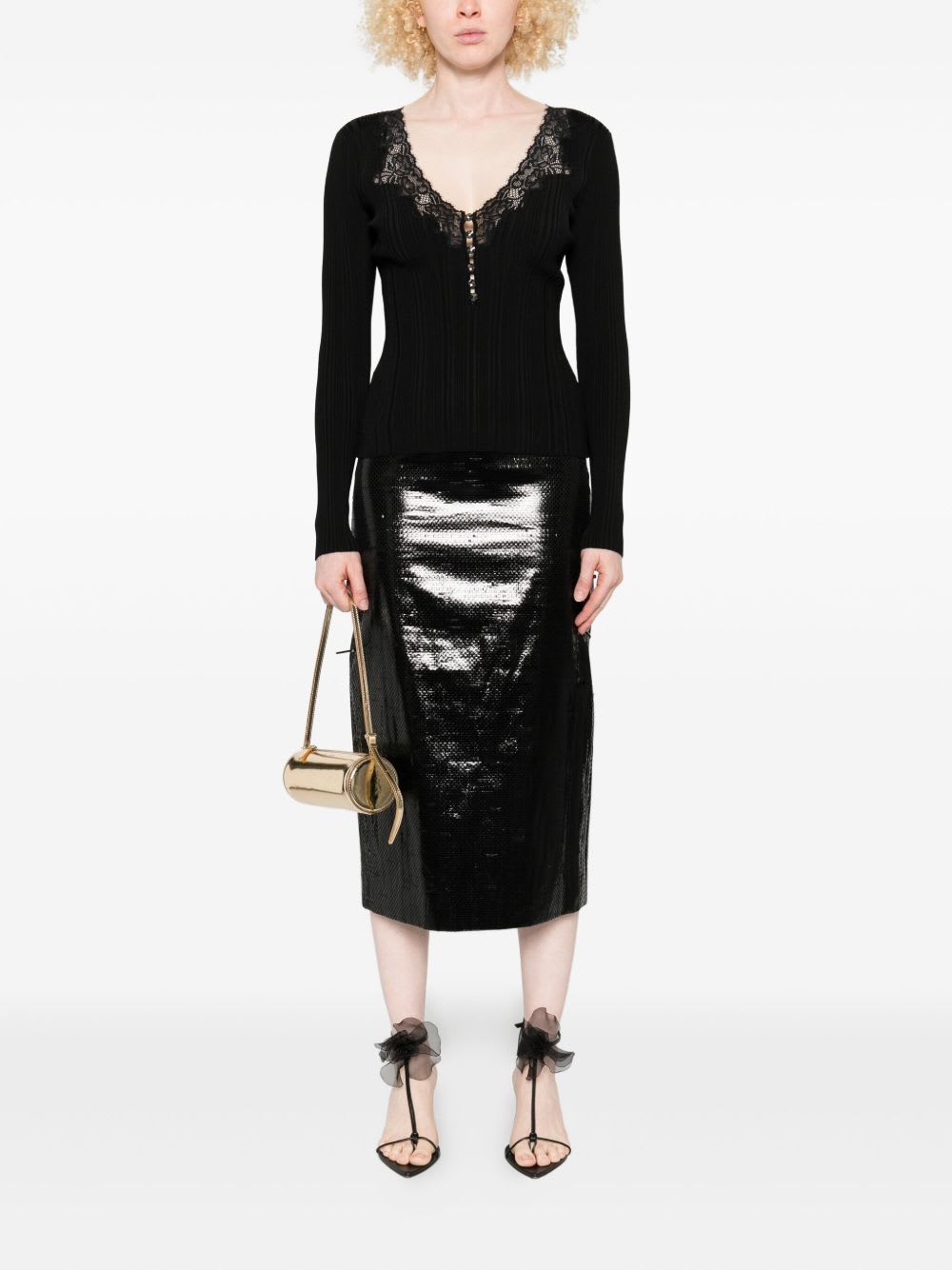 Self-portrait Ribbed Top With Shiny Buttons In Black