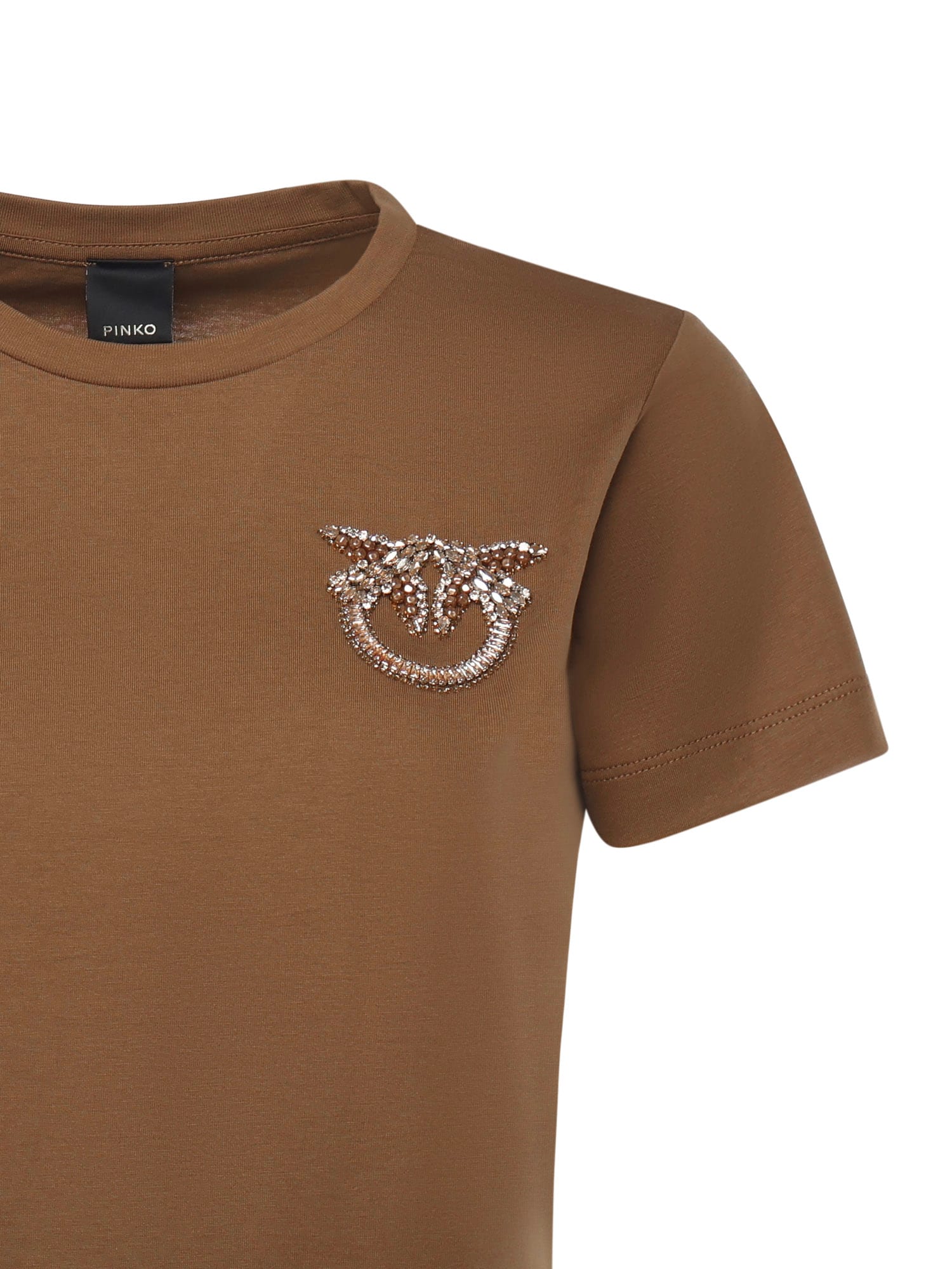 Pinko T-shirt With Crystal Love Birds Logo Embroidery In Brown