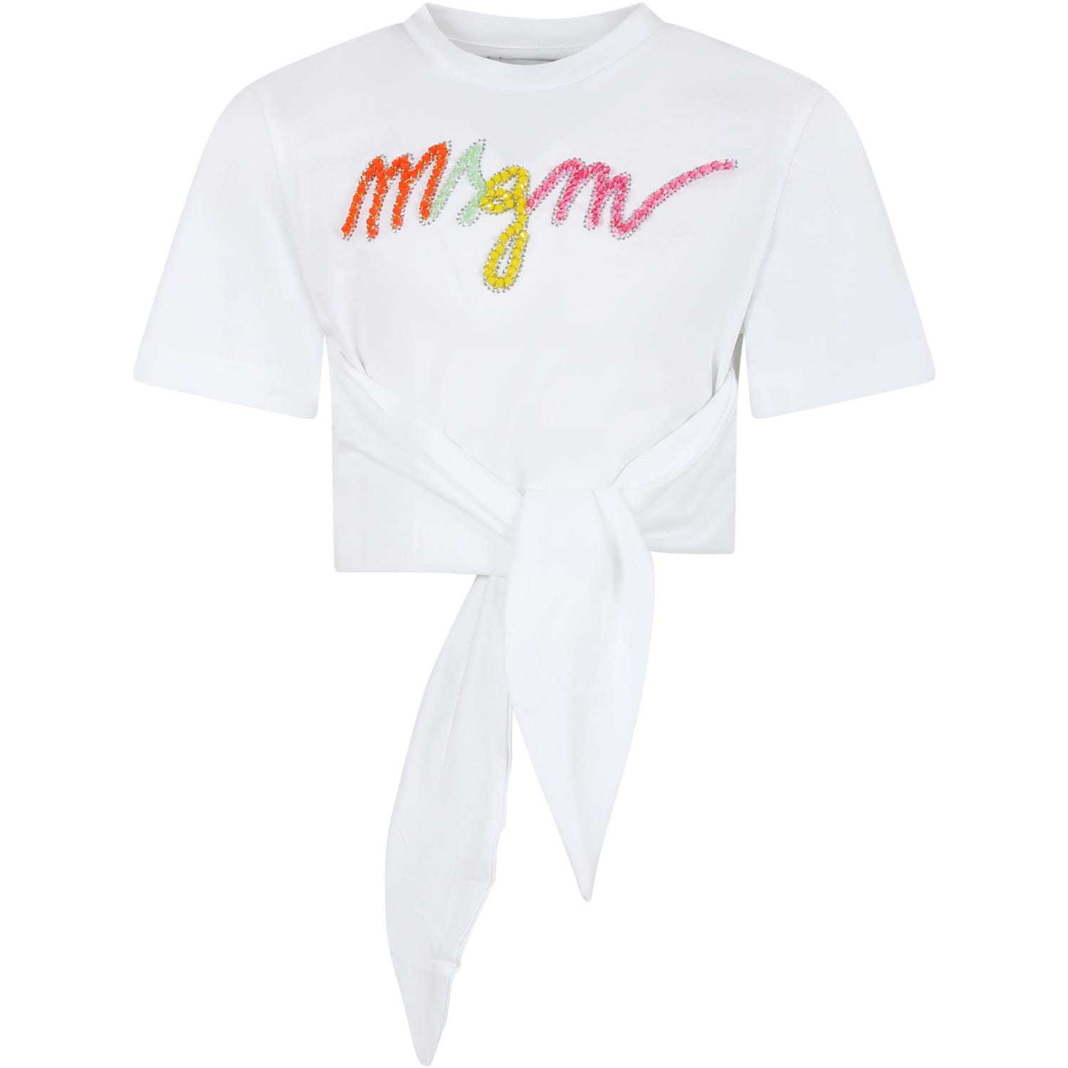 Shop Msgm White T-shirt For Girl With Multicolor Logo