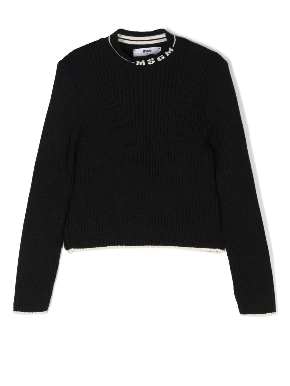 MSGM Kids Black Ribbed Sweater With Logo On The Neck