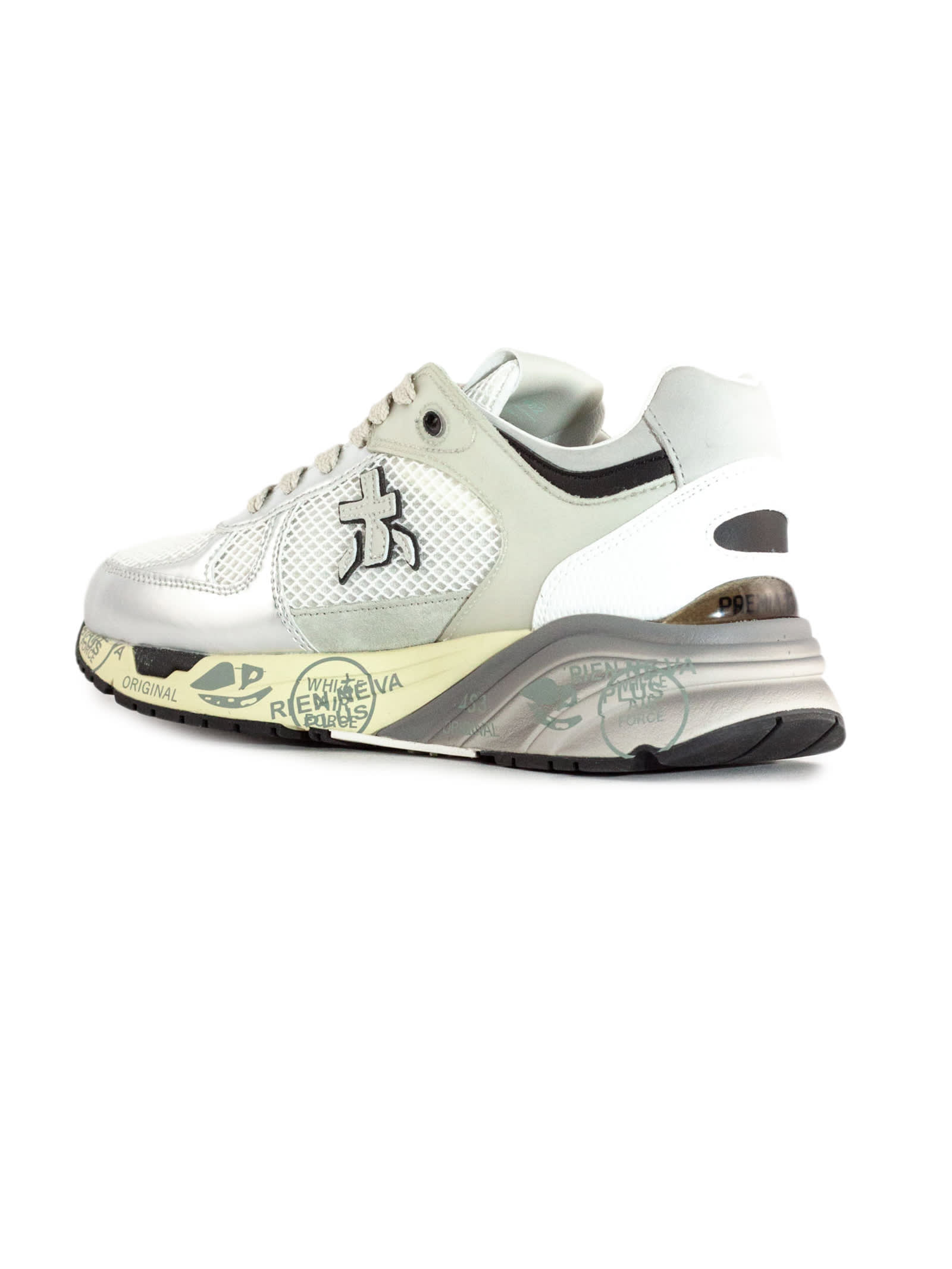 Premiata Mase Sneakers In White Leather And Fabric In Silver