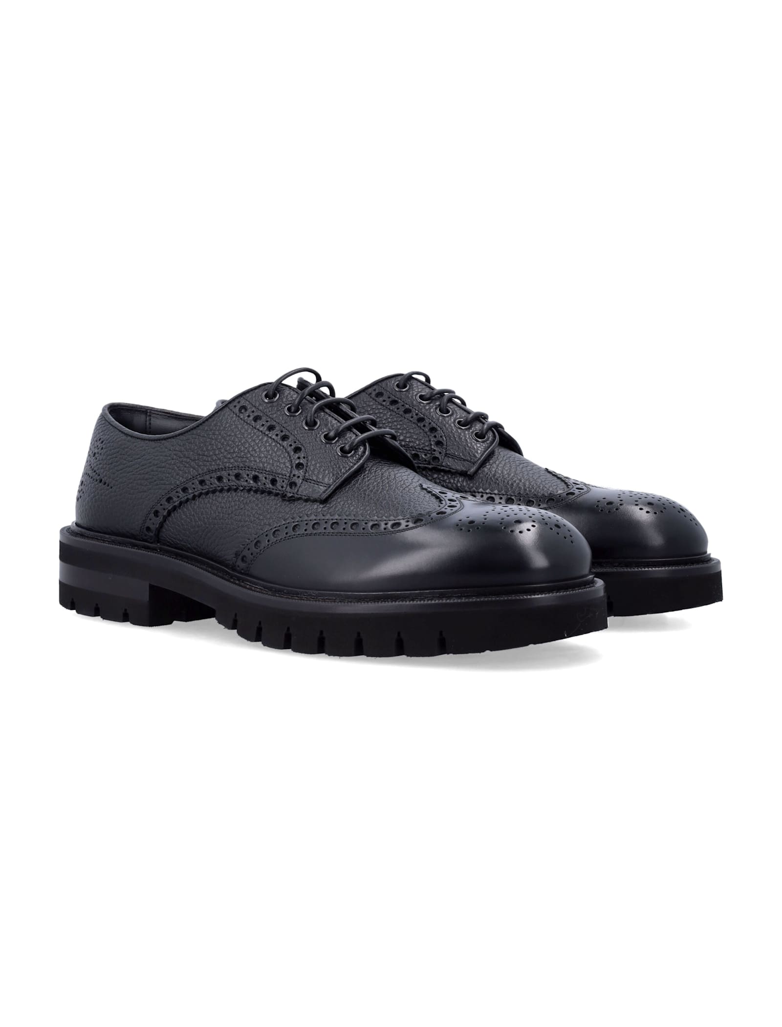 Ferragamo Leather Derby With Broguing In Black