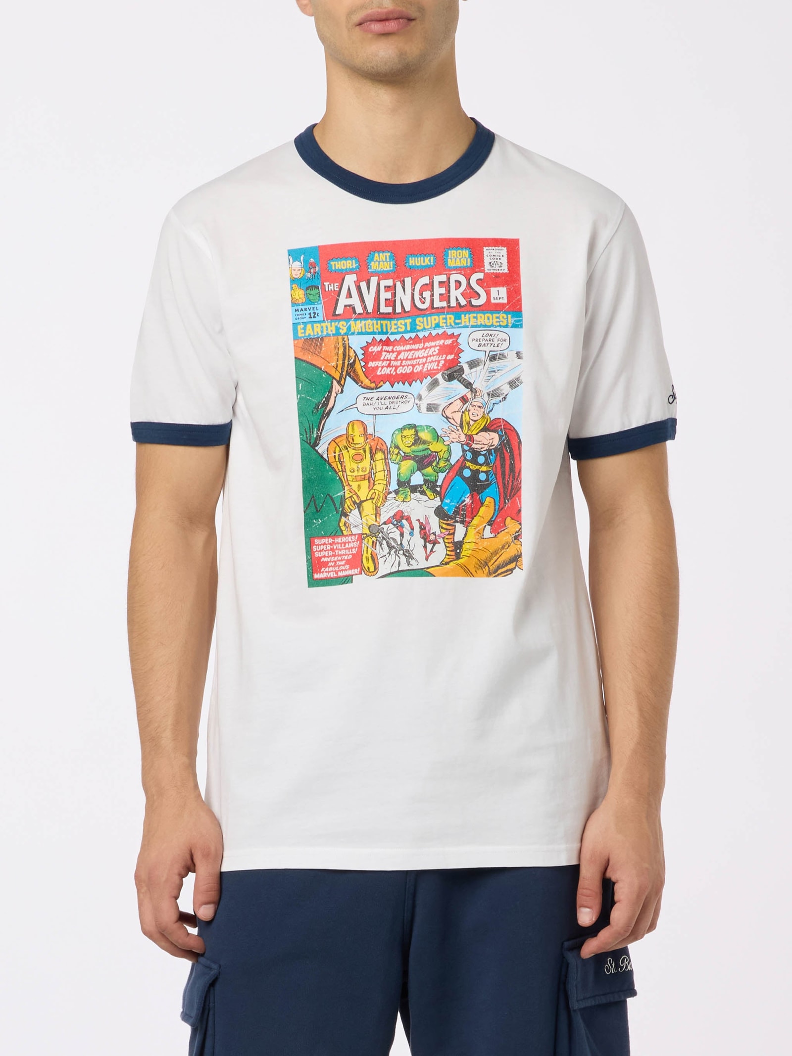 Shop Mc2 Saint Barth Man Cotton T-shirt With Avengers Print Marvel Special Edition In White