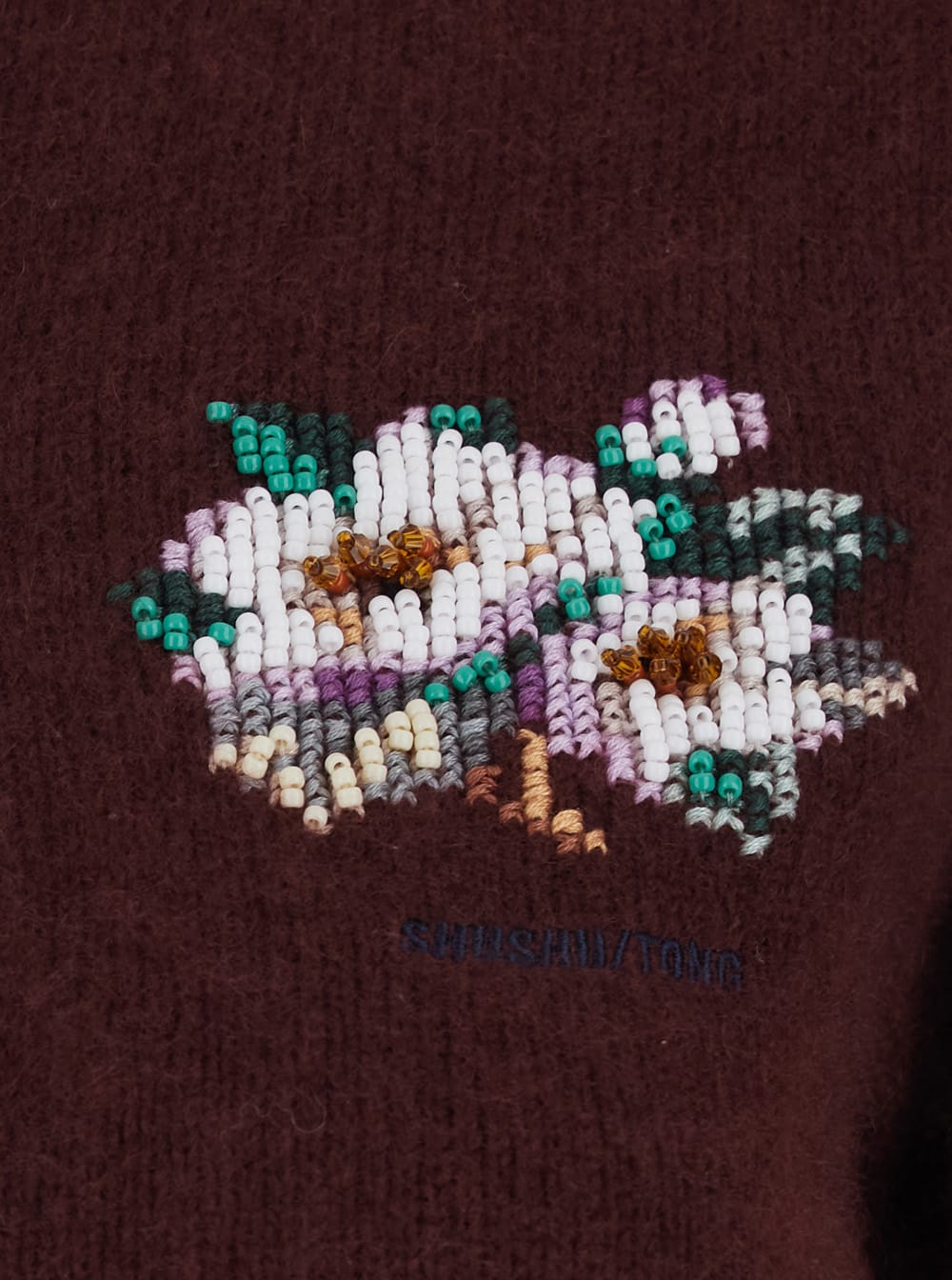 Shushu-tong Bordeaux Crewneck Cardigan With Beaded Embroidery On The Front In Wool Blend Woman In Burgundy