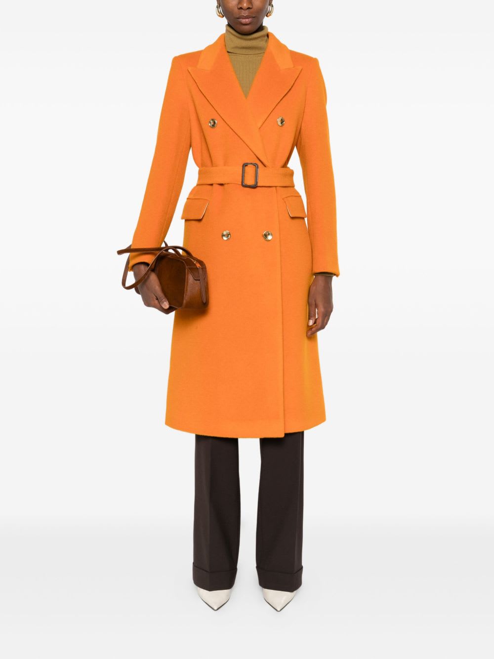 Tagliatore Long Length Wool Coat With Gold-tone Buttons In Orange
