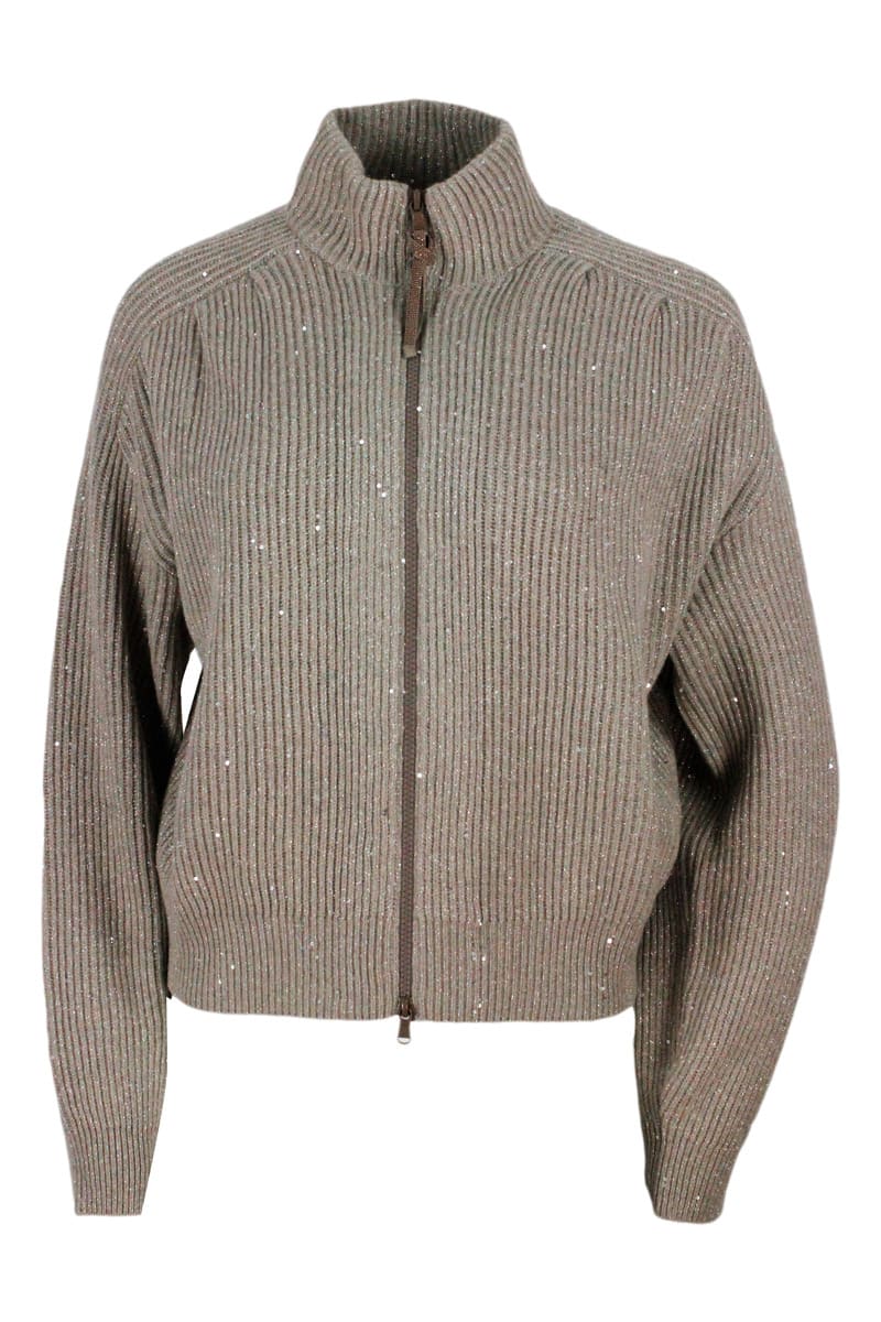 Brunello Cucinelli Cardigan Sweater With Zip In Cashmere And Wool With English Rib Embellished With Micro Sequins