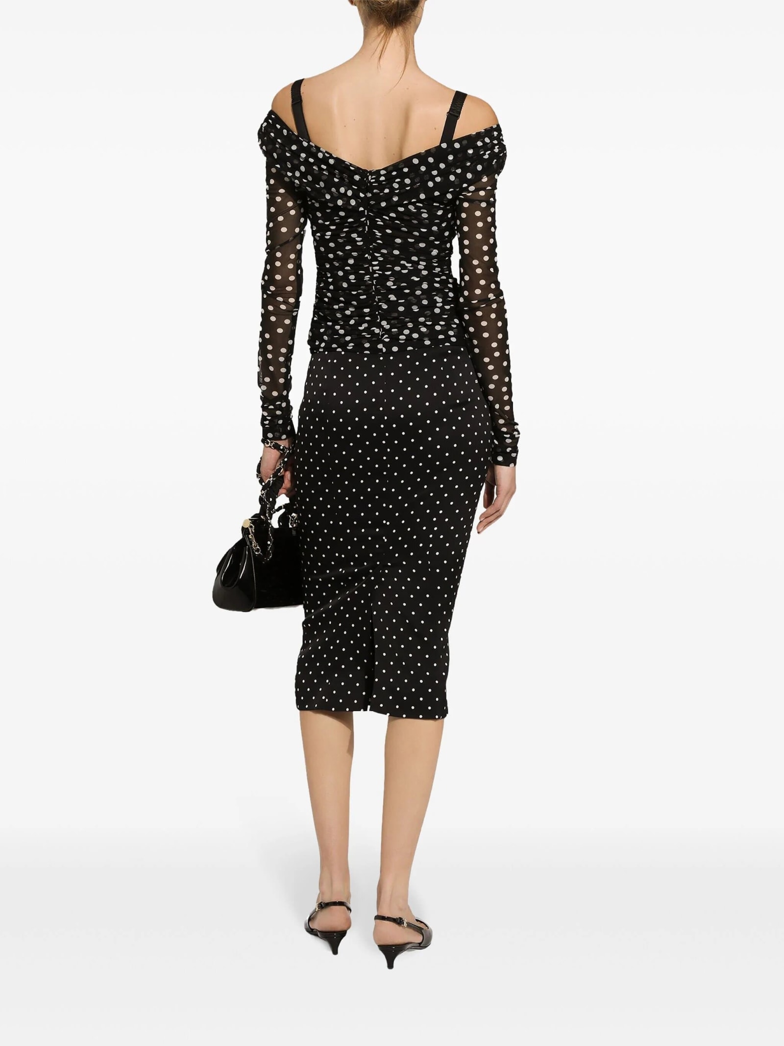Dolce & Gabbana Stretch Tulle Top With Crossover Neckline And Polka Dot Print In White/black