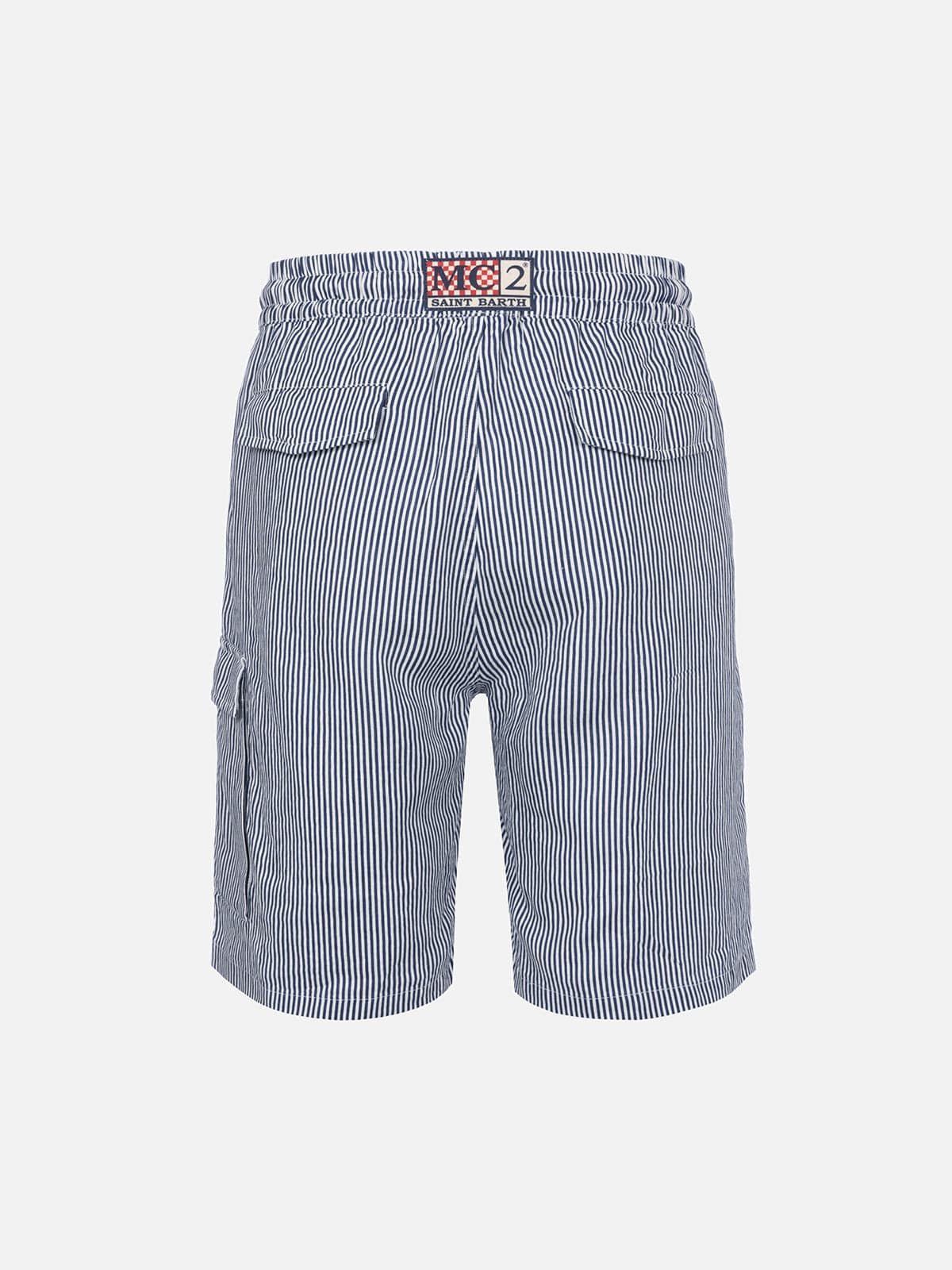 Mc2 Saint Barth Marseille Bermuda Shorts In Blue/white Striped Linen In Blue
