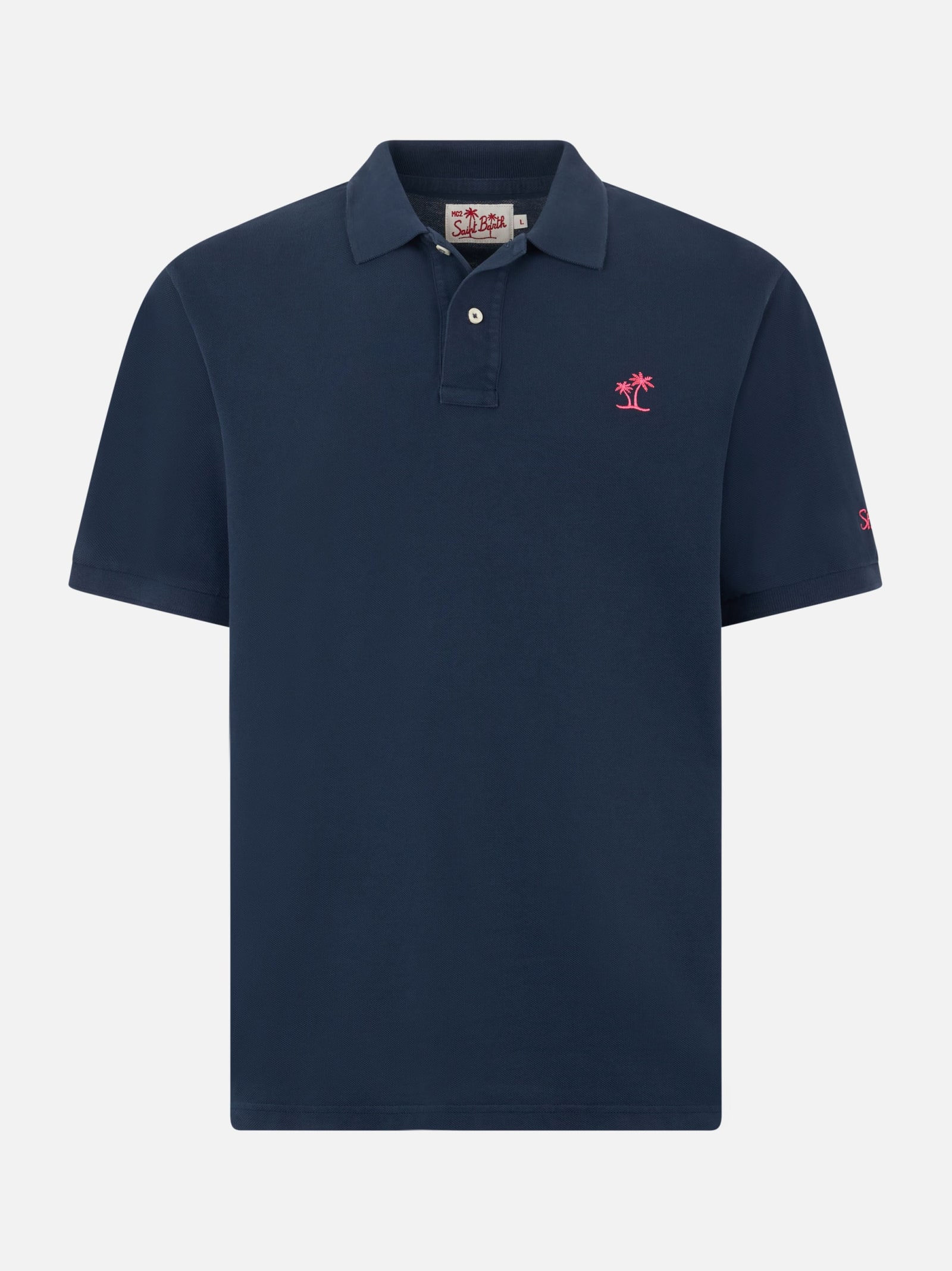 Mc2 Saint Barth Man Blue Piquet Polo With St. Barth Logo And Vintage Effect In Blue