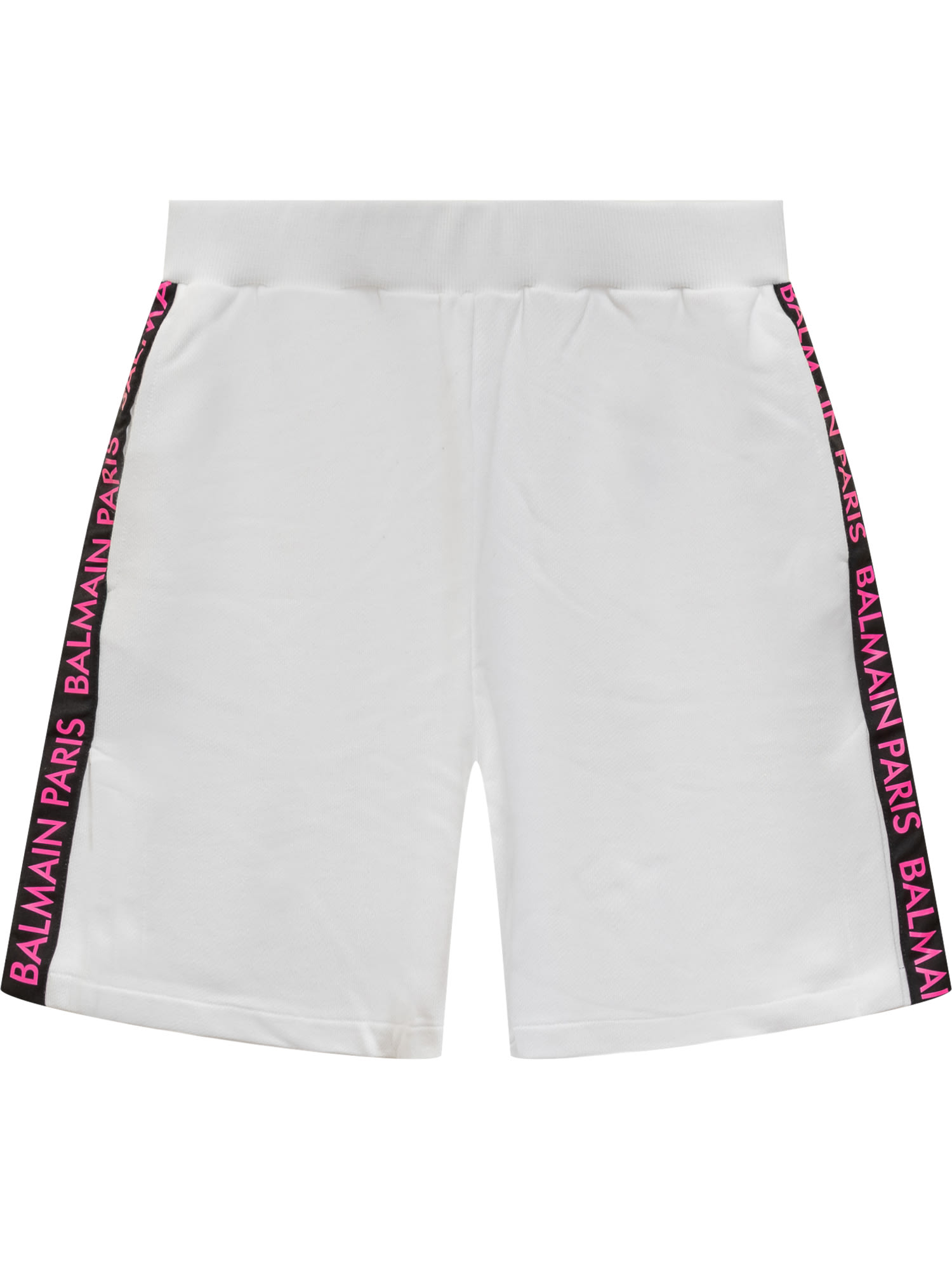 Balmain Logo-print Cotton Shorts In White/fuchsia