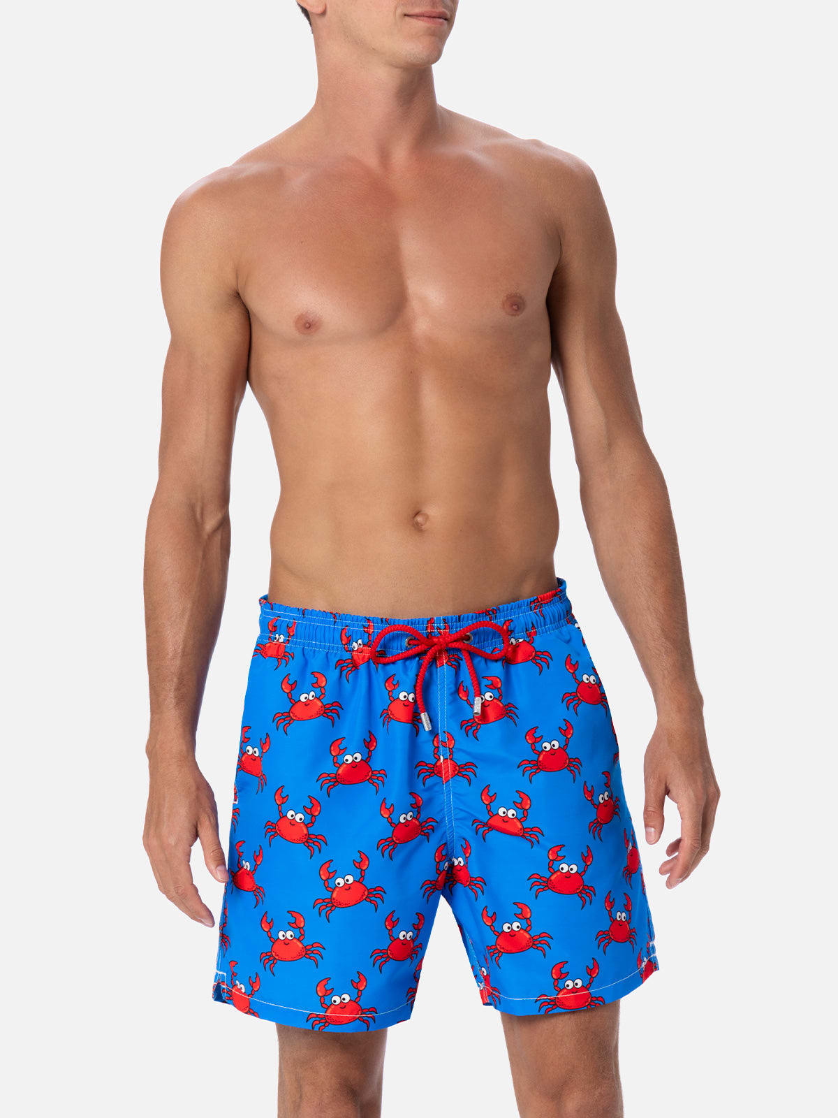 Shop Mc2 Saint Barth Man Mid-length Gustavia Swim-shorts With Crab Print In Sky