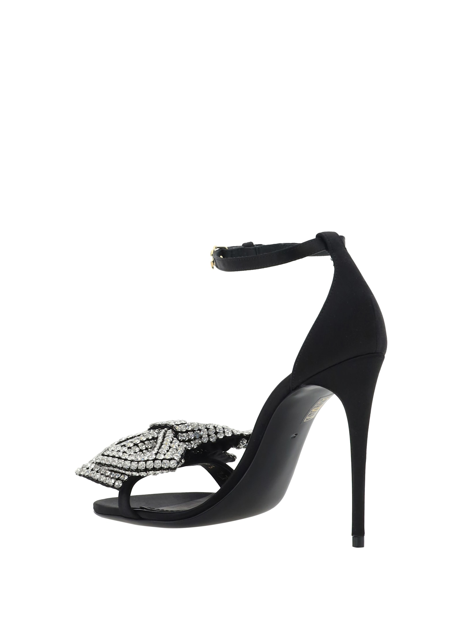 Shop Dolce & Gabbana Heeled Sandals With Decorative Bow In Nero/crystal