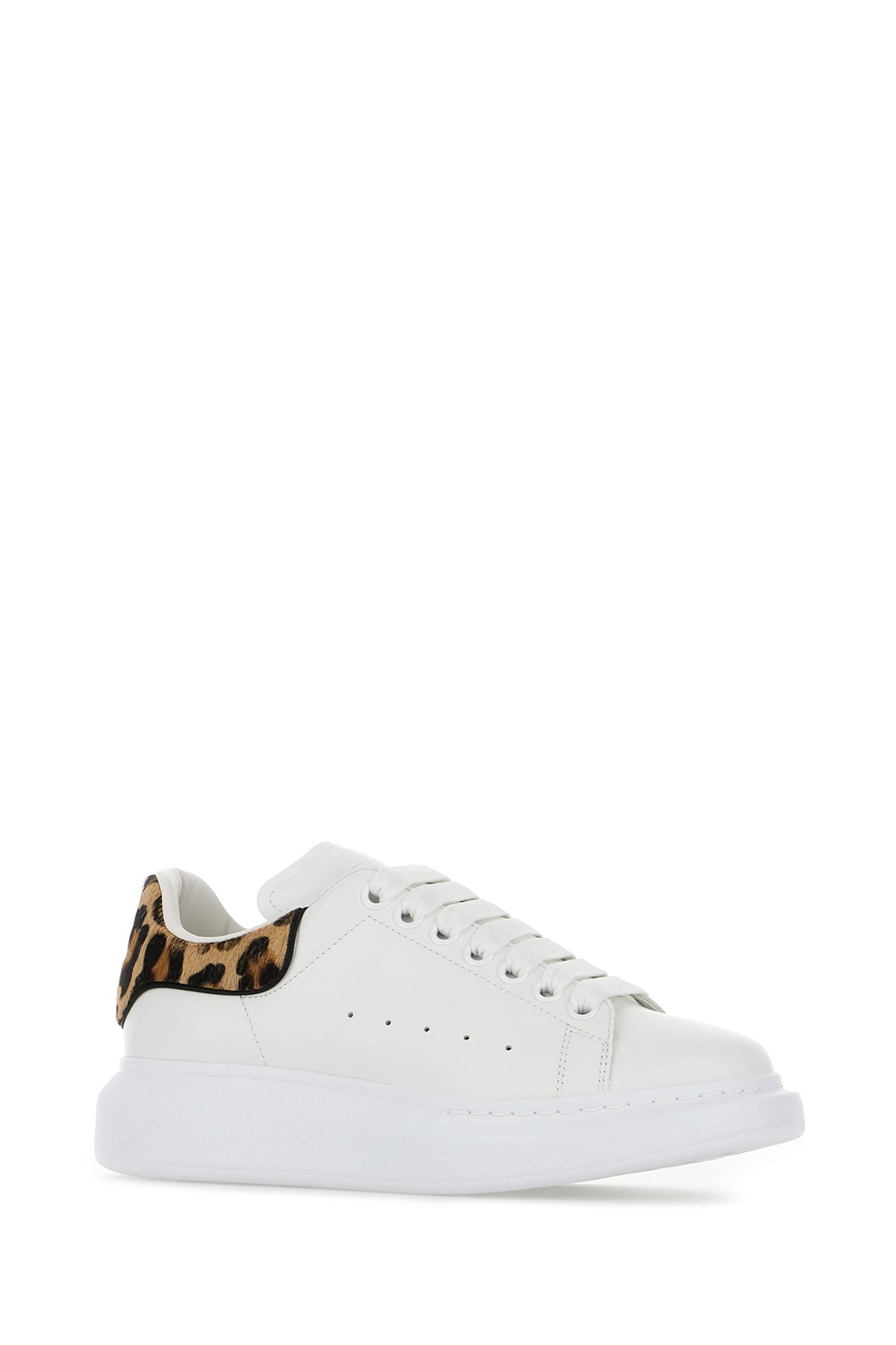 Shop Alexander Mcqueen White Leather Sneakers With Printed Calfhair Heel In White Leopard