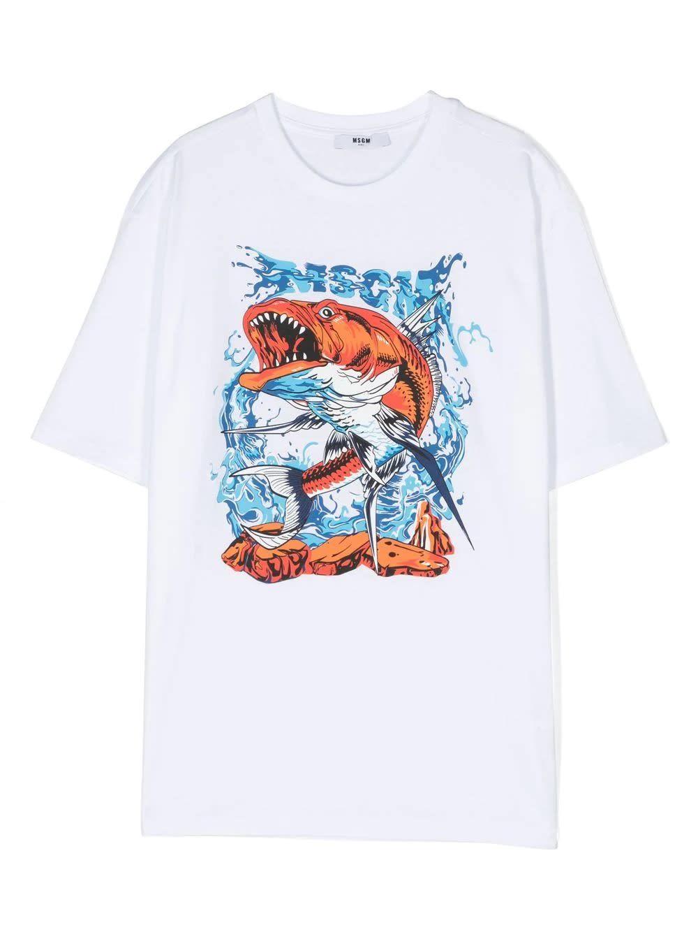 MSGM WHITE T-SHIRT WITH GRAPHIC PRINT