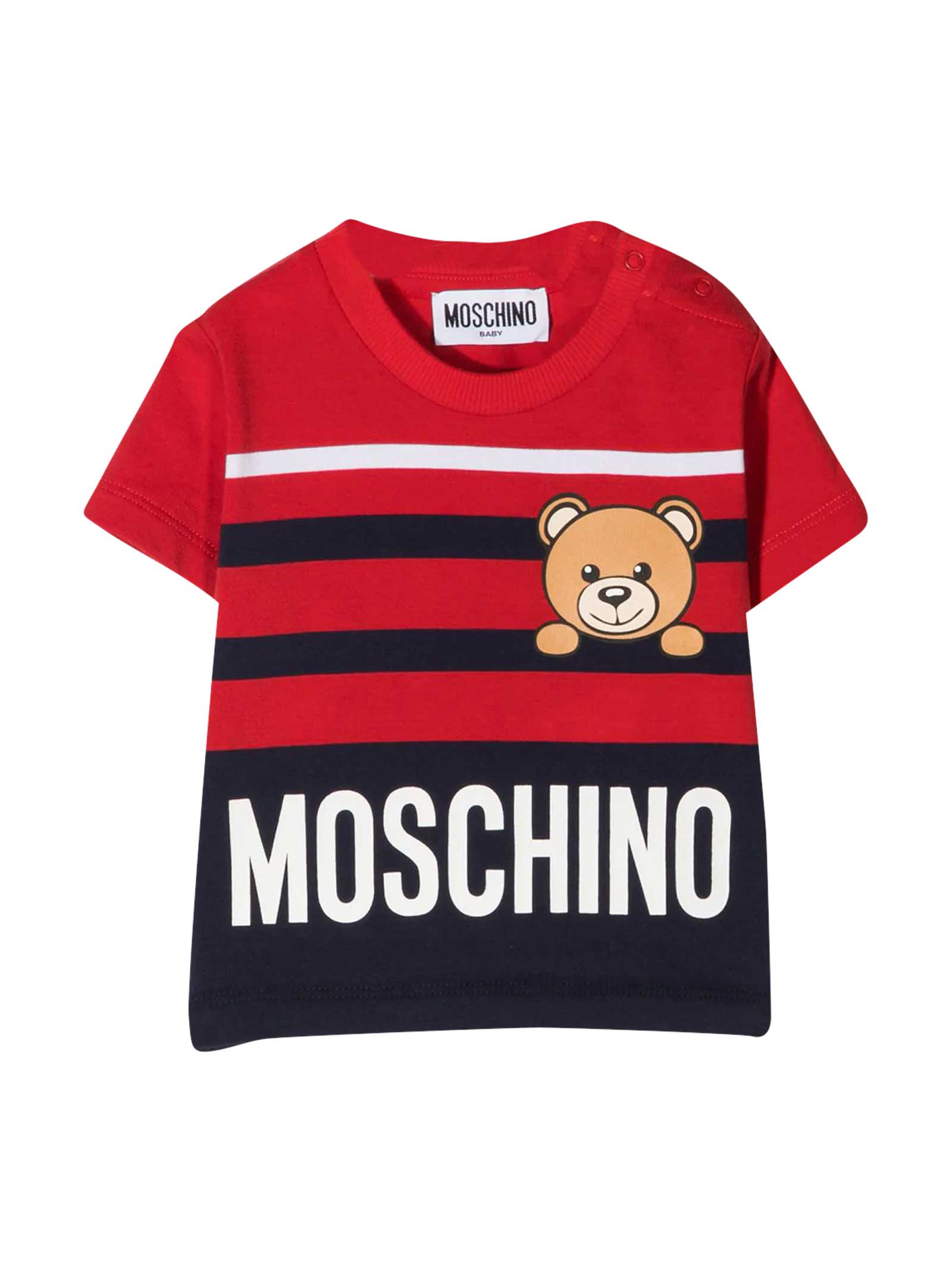 Moschino Babies' Teddy Bear Striped T-shirt In Red And Blue