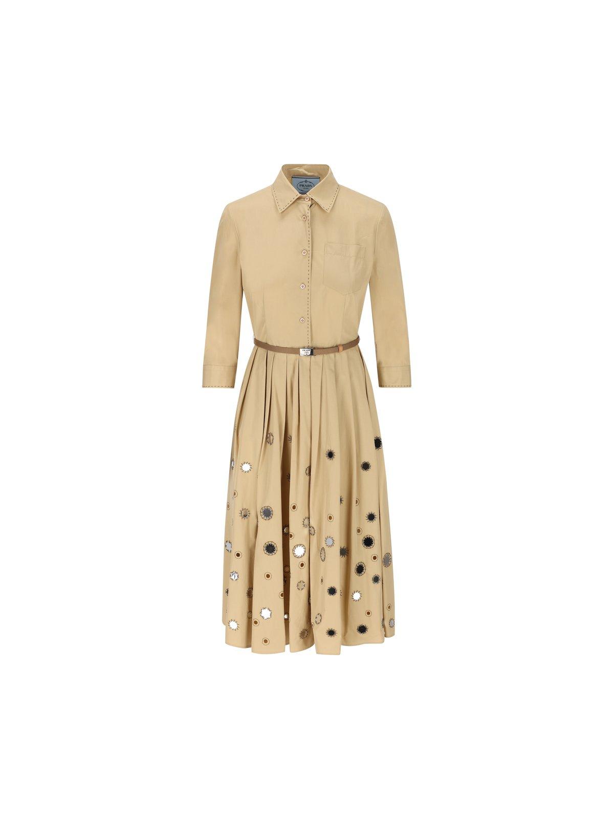 Prada Long-sleeved Belted Dress In Brown