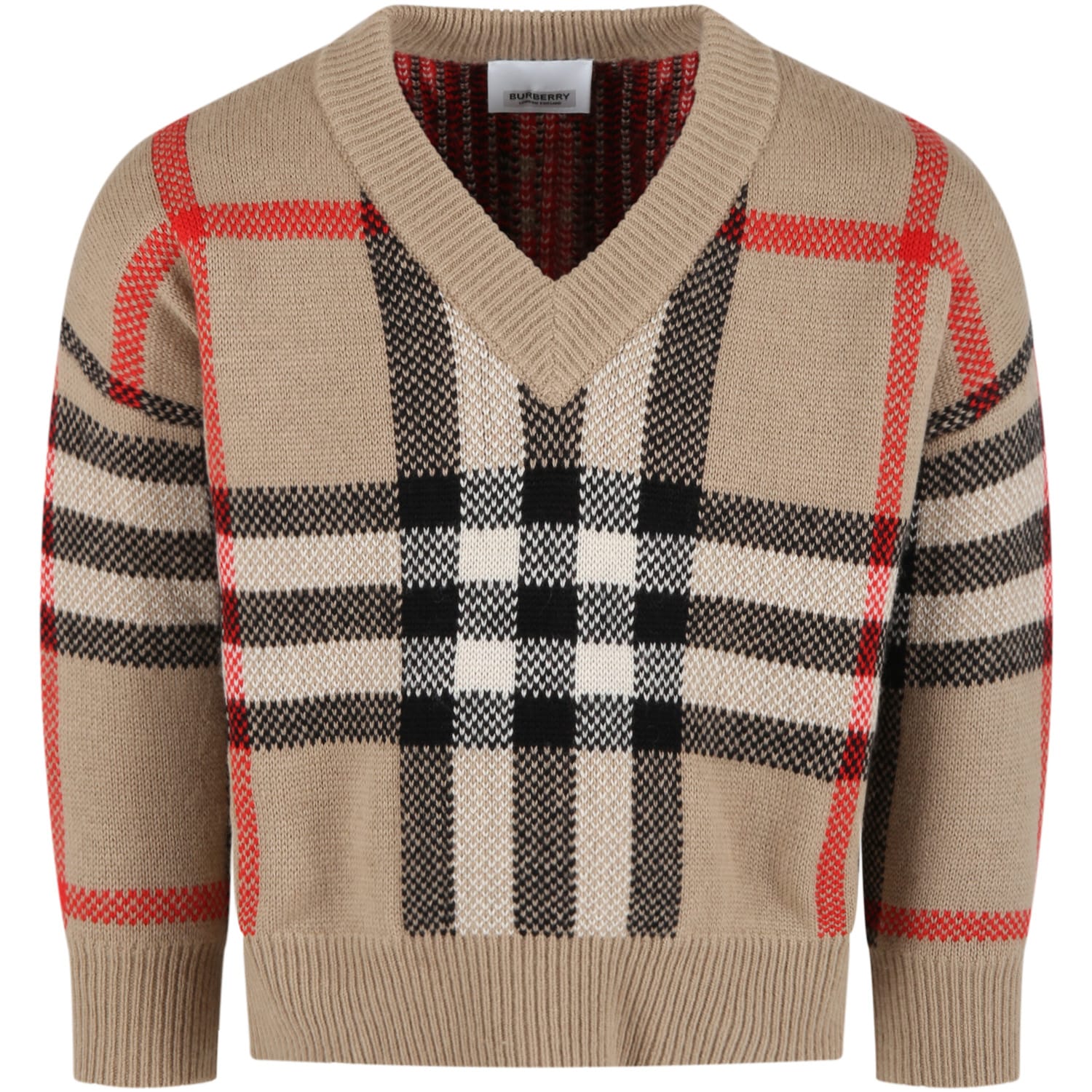 Burberry Beige Sweater For Kids With Vintage Checks