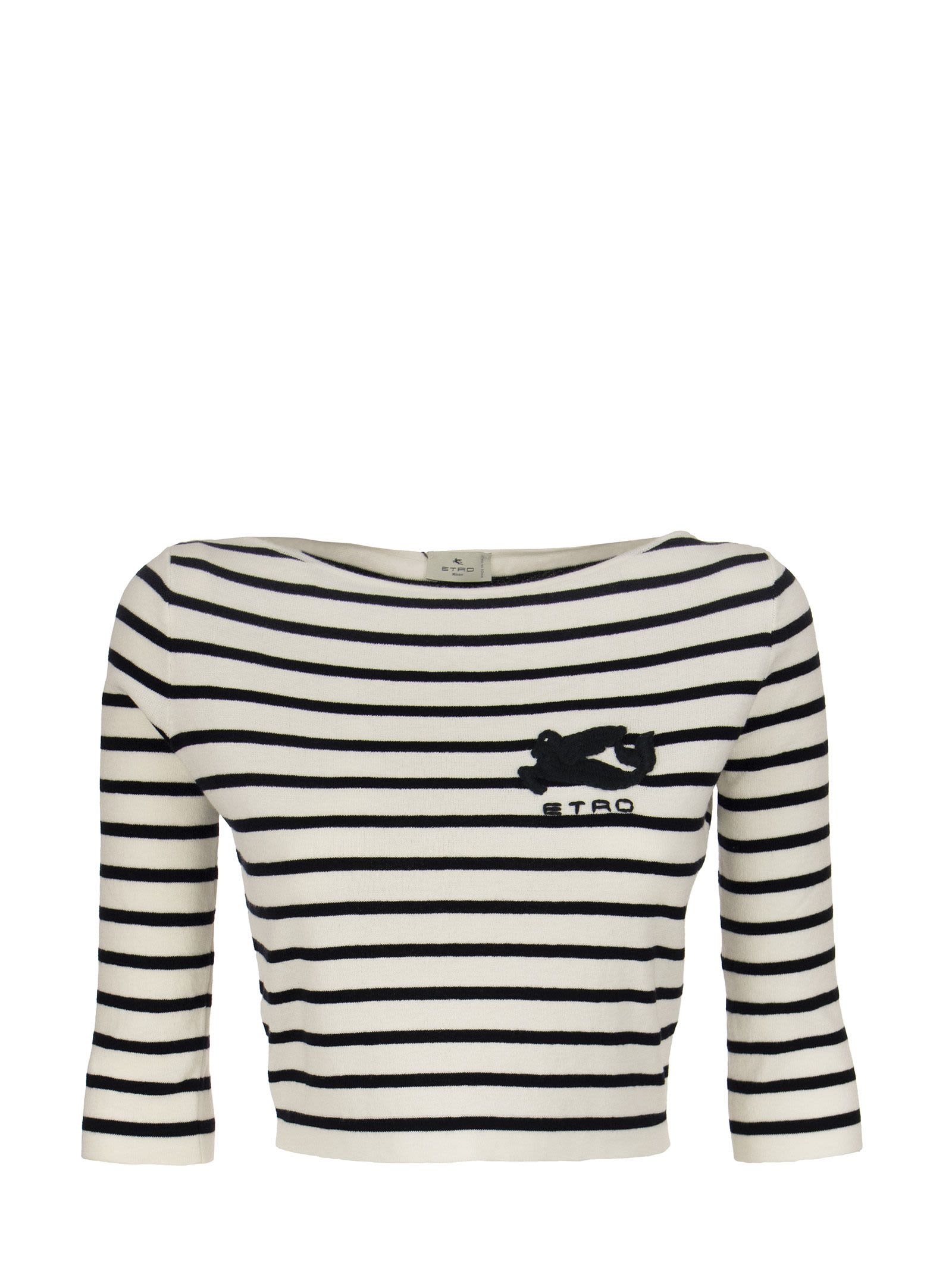 Etro Cotton Short Striped Sweater With Embroidered Pegaso